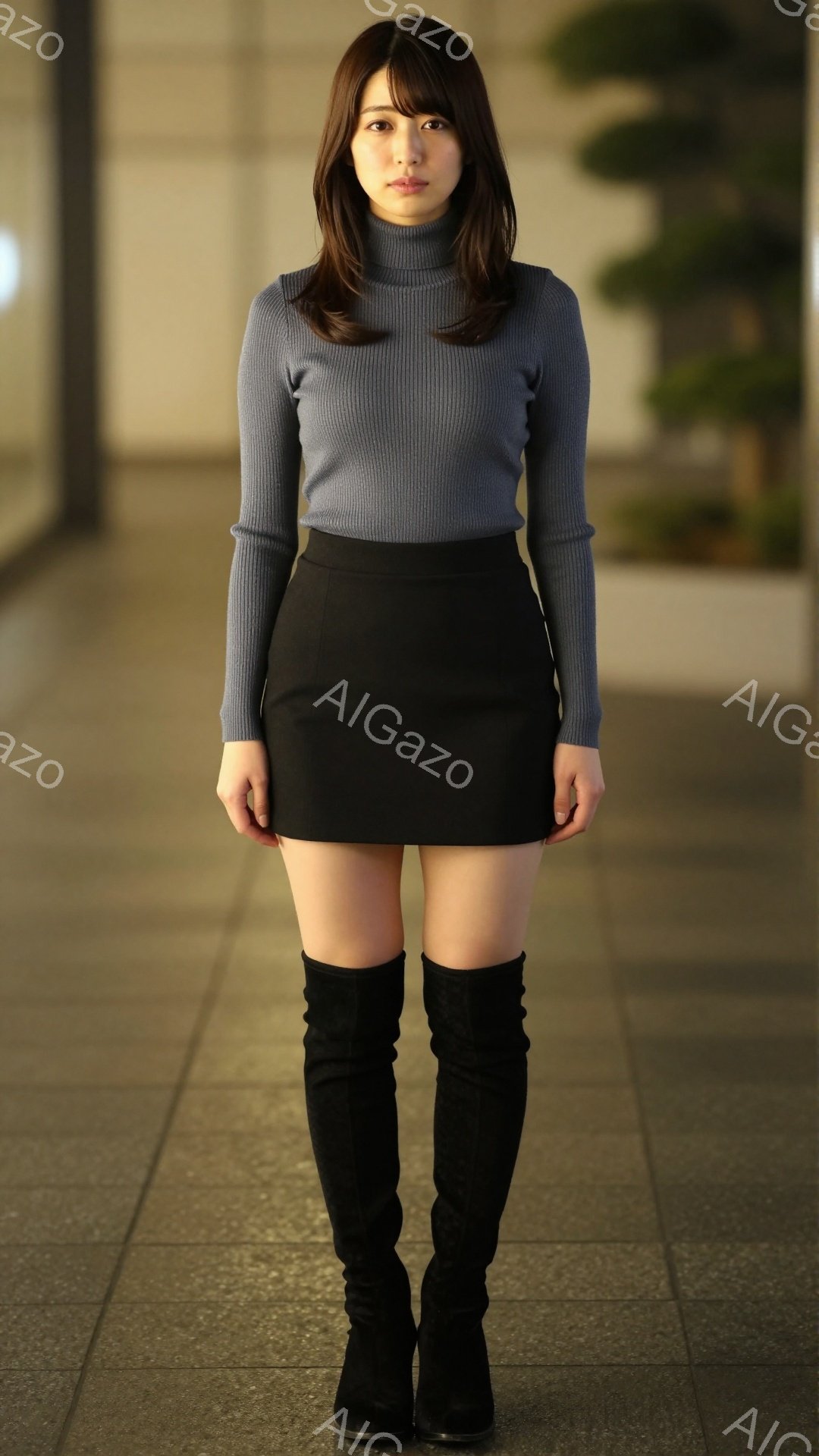 画像には、黒いショートスカートと長袖の薄い水色のニットを着た若い女性が写っています。彼女は黒のニーハイブーツを履き、髪は肩にかかる長さで、少しカールしています。背景はコンクリートの歩道で、ぼやけた緑の植物が見え、全体的に落ち着いた雰囲気です。