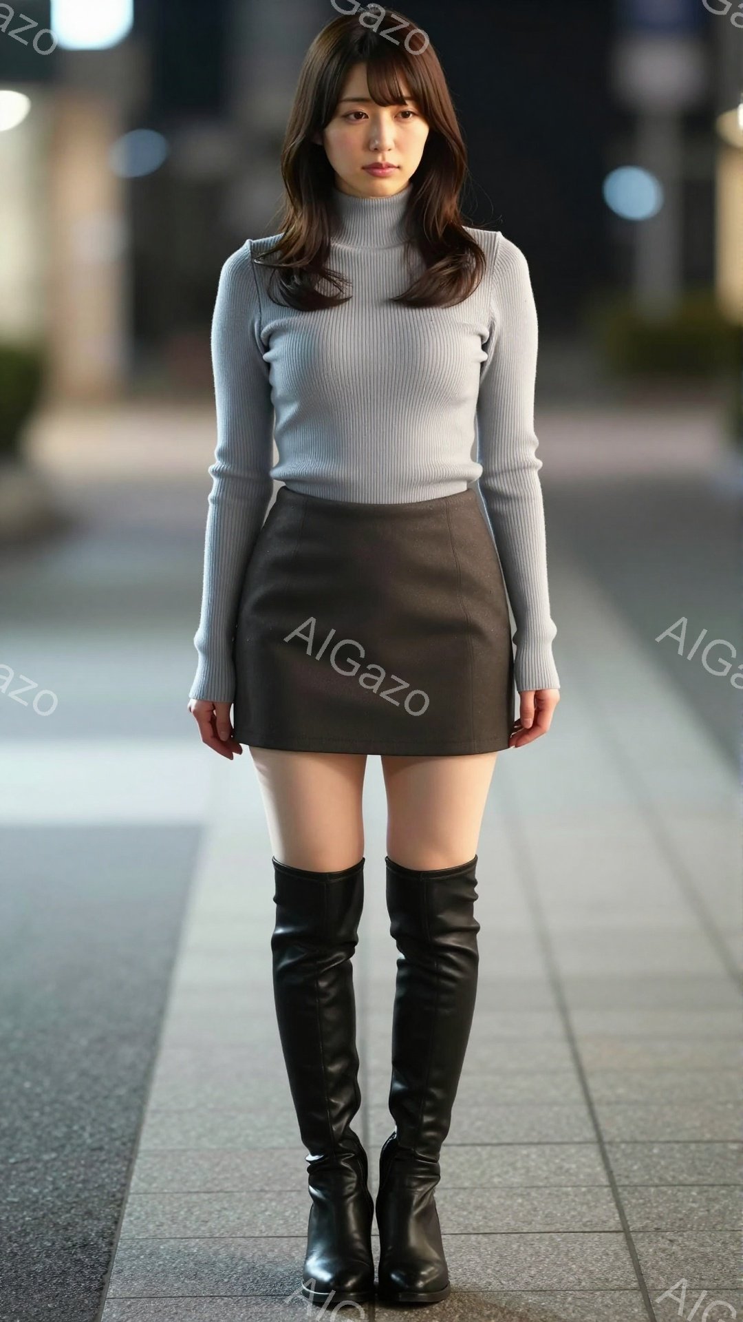 長い茶髪の女性が、薄い水色のタートルネックセーターと黒のミニスカート、そして黒のニーハイブーツを身に着けて立っています。彼女は微笑んでおり、リラックスした姿勢で正面を見つめています。背景は夜の歩道で、 - AI生成フリー素材