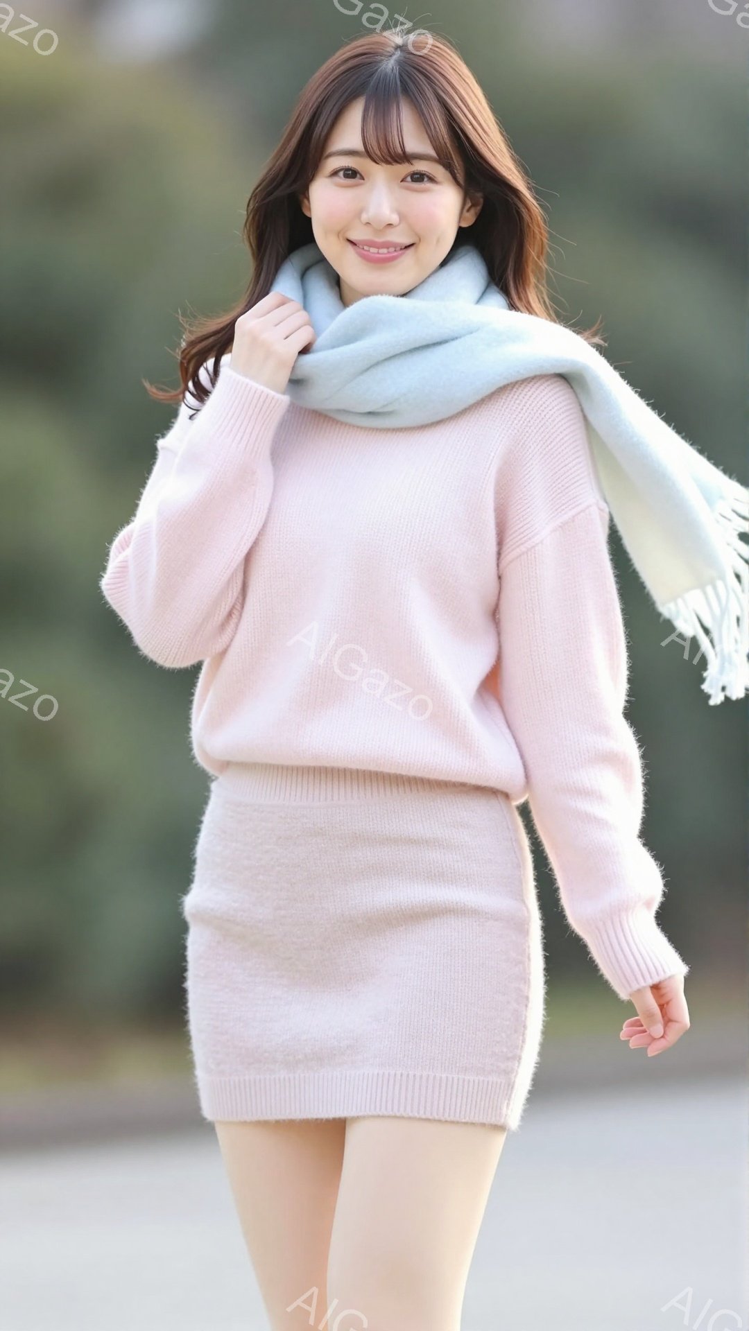 長い茶色の髪を持つ若い女性が、ピンク色のニットのセットアップ（セーターとスカート）を着て立っています。淡い水色のマフラーが首に巻かれ、少し微笑んだ優しい表情をしています。背景は緑豊かな木々や植物で、穏 - AI生成フリー素材