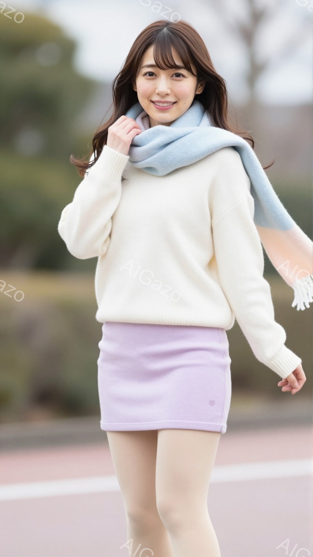 明るい笑顔を見せる若い女性が写っています。白いセーターと薄紫色の短いスカート、そして水色のマフラーを身につけ、少し寒そうな屋外でポーズをとっています。背景にはぼやけた建物や植物が見え、春の穏やかな日差 - AI生成フリー素材