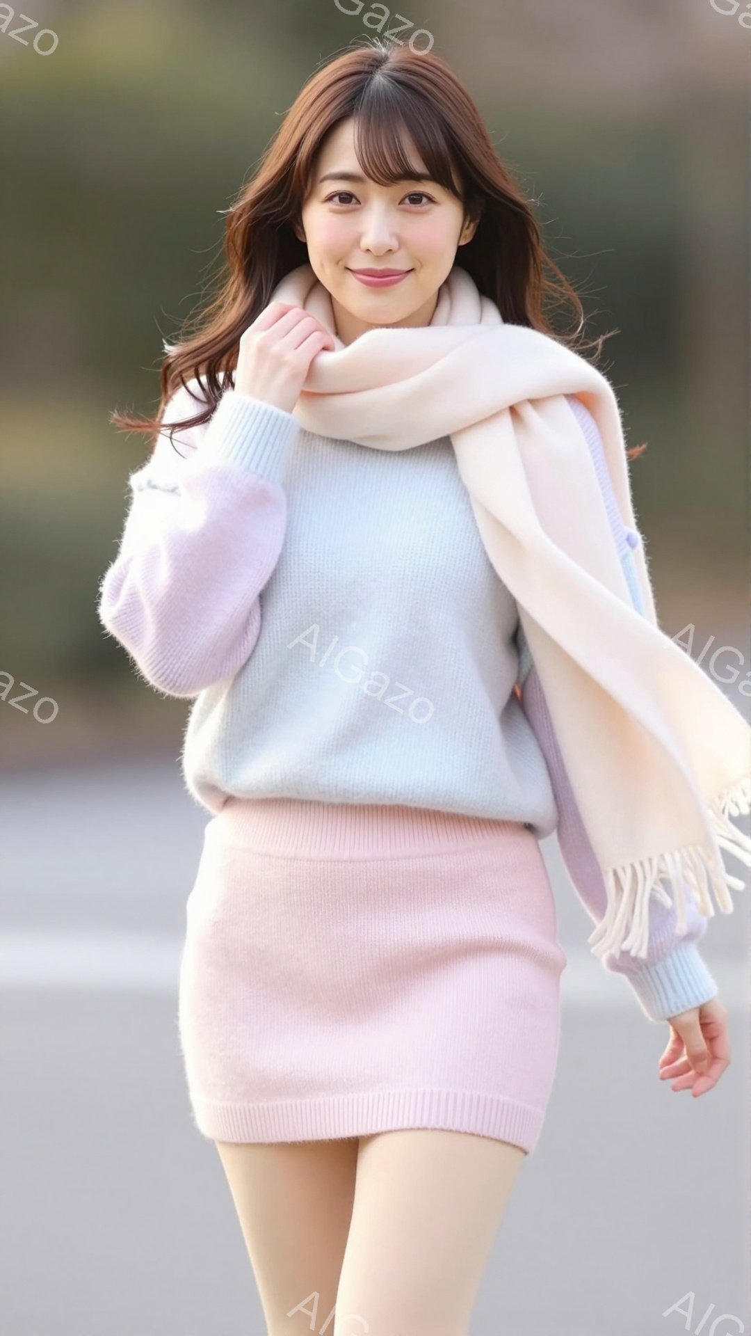 明るい茶髪の女性が、パステルブルーのセーターと、同系のピンク色のミニスカートを身につけています。彼女は薄いピンク色のスカーフを首に巻き、少し微笑んでいます。背景はぼやけていますが、日当たりの良い屋外で、春のような穏やかな雰囲気です。