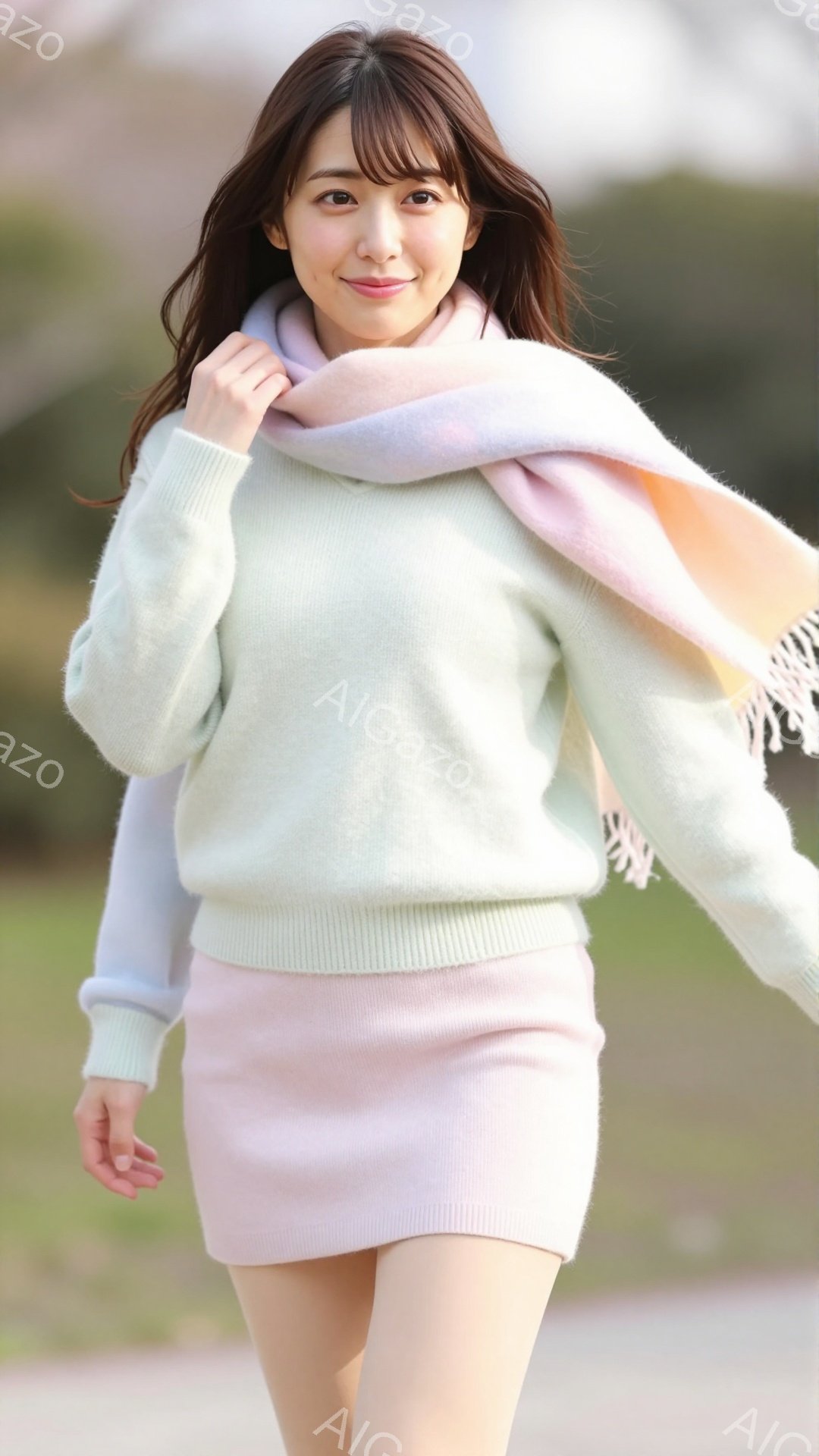 明るい笑顔の女性が、パステルグリーンのセーターとピンクのミニスカートを着て、春の道を歩いています。彼女は肩に淡いピンクとクリーム色のスカーフをかけ、髪は肩にかかる長さで、自然なカールを描いています。背景にはぼやけた緑の木々と穏やかな光が広がり、暖かく柔らかな春の日の雰囲気が感じられます。