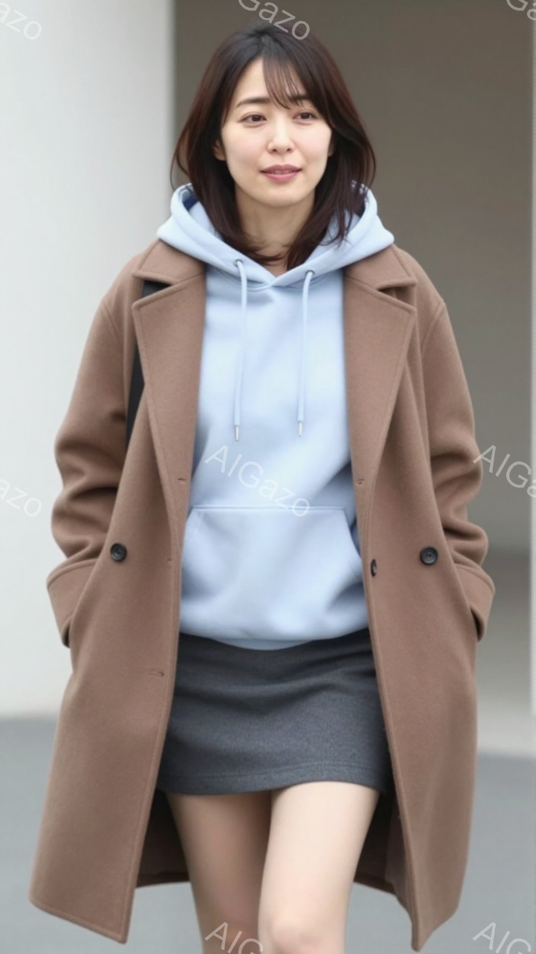画像には、キャメル色のオーバーコートを着た若い女性が写っています。彼女は水色のパーカーとグレーのタイトスカートを合わせ、少し微笑んだ表情を浮かべています。背景はシンプルな建物で、全体的に落ち着いた雰囲気です。