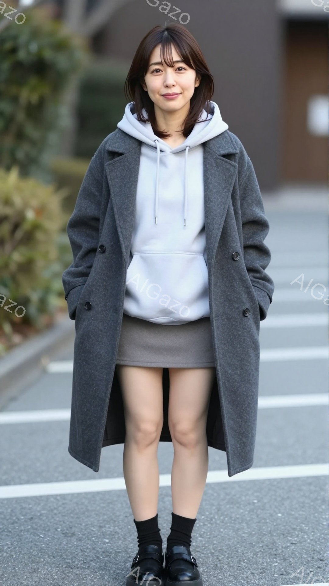 画像には、グレーのロングコート、白いパーカー、グレーのミニスカートを着た若い女性が写っています。彼女は黒い靴下と黒い革靴を履き、微笑んでカメラを見ています。背景にはアスファルトの道とぼやけた建物、そしてかすかに見える木々があり、穏やかでカジュアルな雰囲気です。