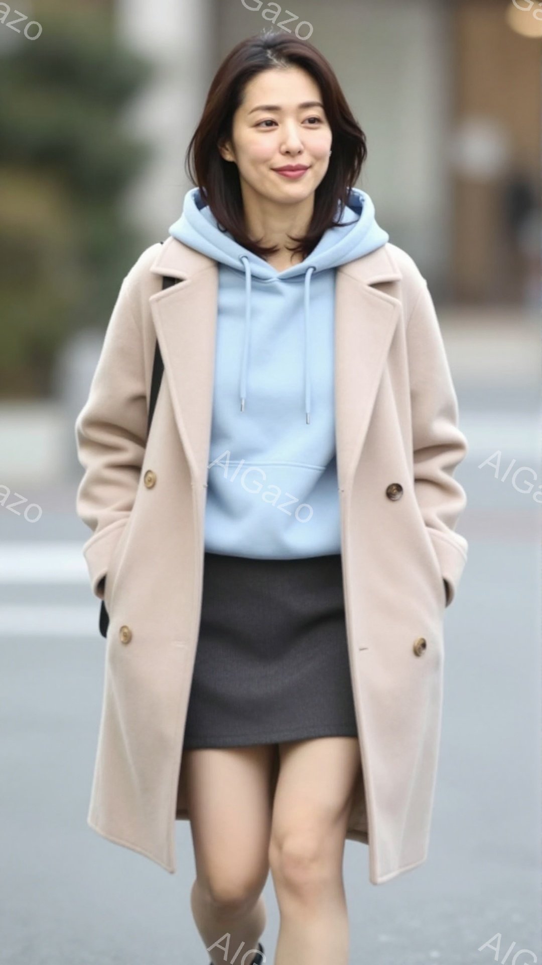 若い女性がベージュ色のコートと水色のパーカー、黒のミニスカートを着用し、歩いている様子が写っている。彼女は微笑んでおり、髪は肩までの長さで軽くウェーブがかかっている。背景はグレーの舗装道路と、ぼやけた建物や木々で、全体的に穏やかでカジュアルな雰囲気である。