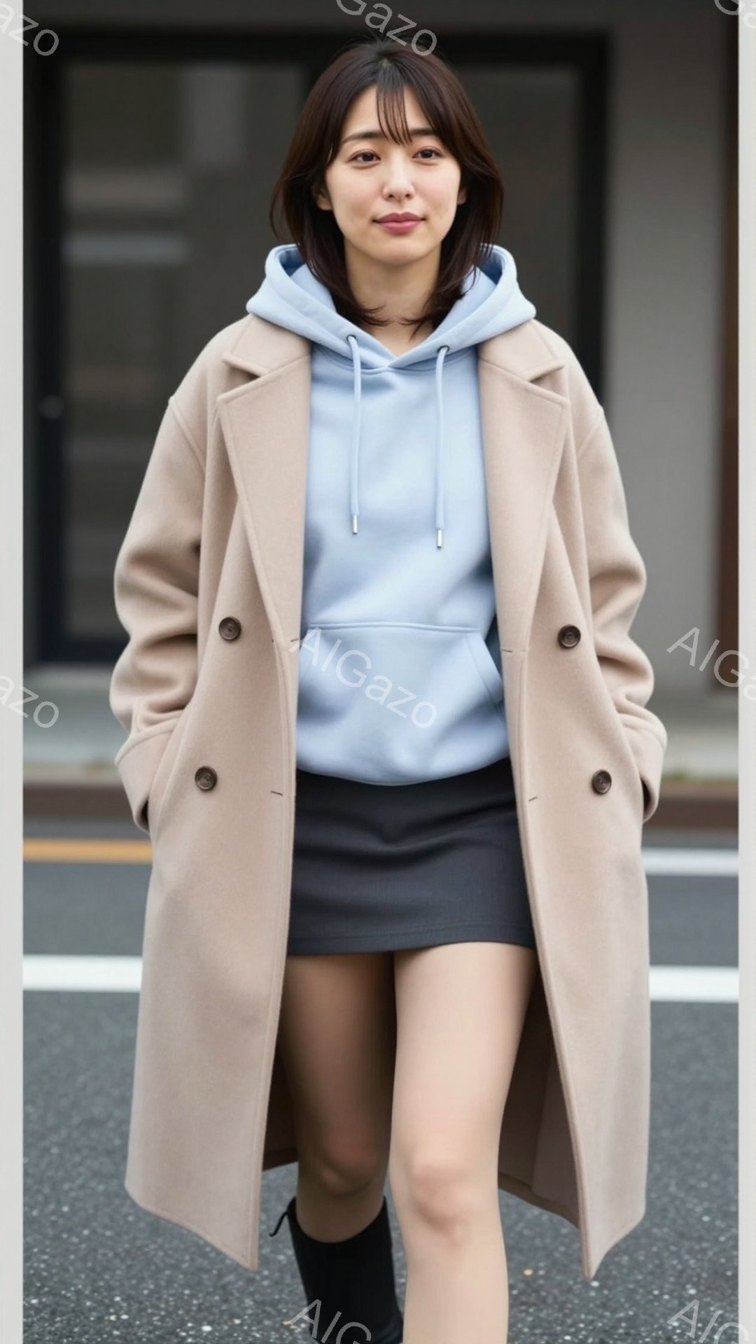 長いベージュ色のコートを着た若い女性が、水色のパーカーと短いグレーのスカートを着用しています。彼女は黒いブーツを履き、髪は肩までの長さで、前髪が少しあります。背景はアスファルトの道と建物の入り口で、全体的に落ち着いた雰囲気です。