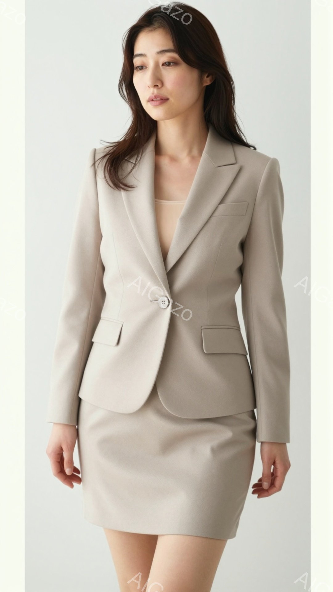 モデルはベージュのスーツを着ており、ジャケットと膝丈のスカートのセットアップです。髪は肩まで伸びており、軽くウェーブがかかっています。彼女は正面をまっすぐ見ており、表情は落ち着いていて洗練されています - AI生成フリー素材
