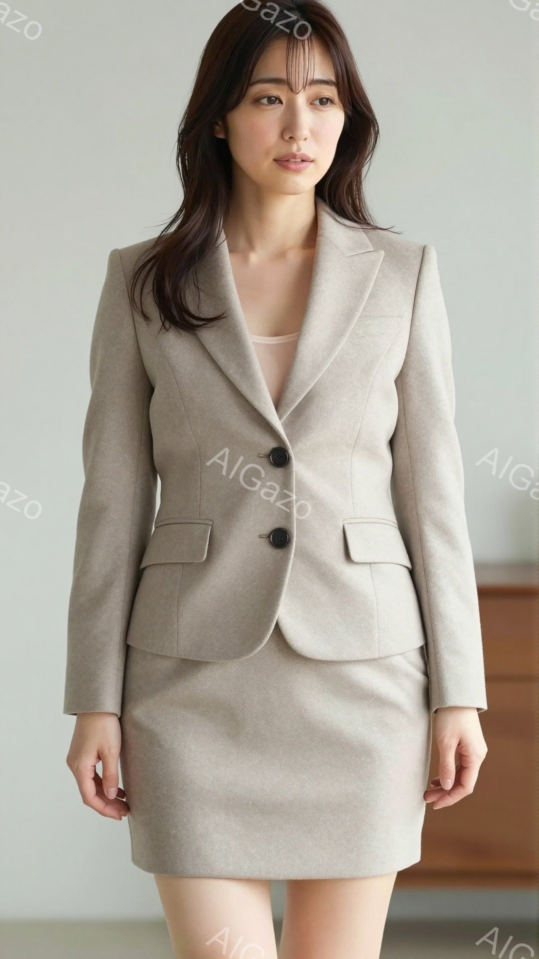画像は、ベージュ色のスーツを着た女性が写っています。彼女は膝丈のスカートと、ボタンが3つ並んだテーラードジャケットを着用し、インナーには淡い色のキャミソールが見えます。長い髪はストレートで、やや微笑ん - AI生成フリー素材