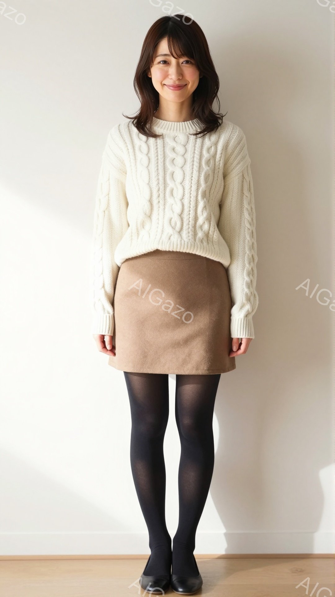 明るいベージュ色の壁の前で、女性がニットセーターと茶色のミニスカートを着用して立っています。彼女は肩までの長さの茶髪で、軽く微笑んでいます。黒のタイツと黒の靴を履いており、カジュアルながらも上品な雰囲気を醸し出しています。