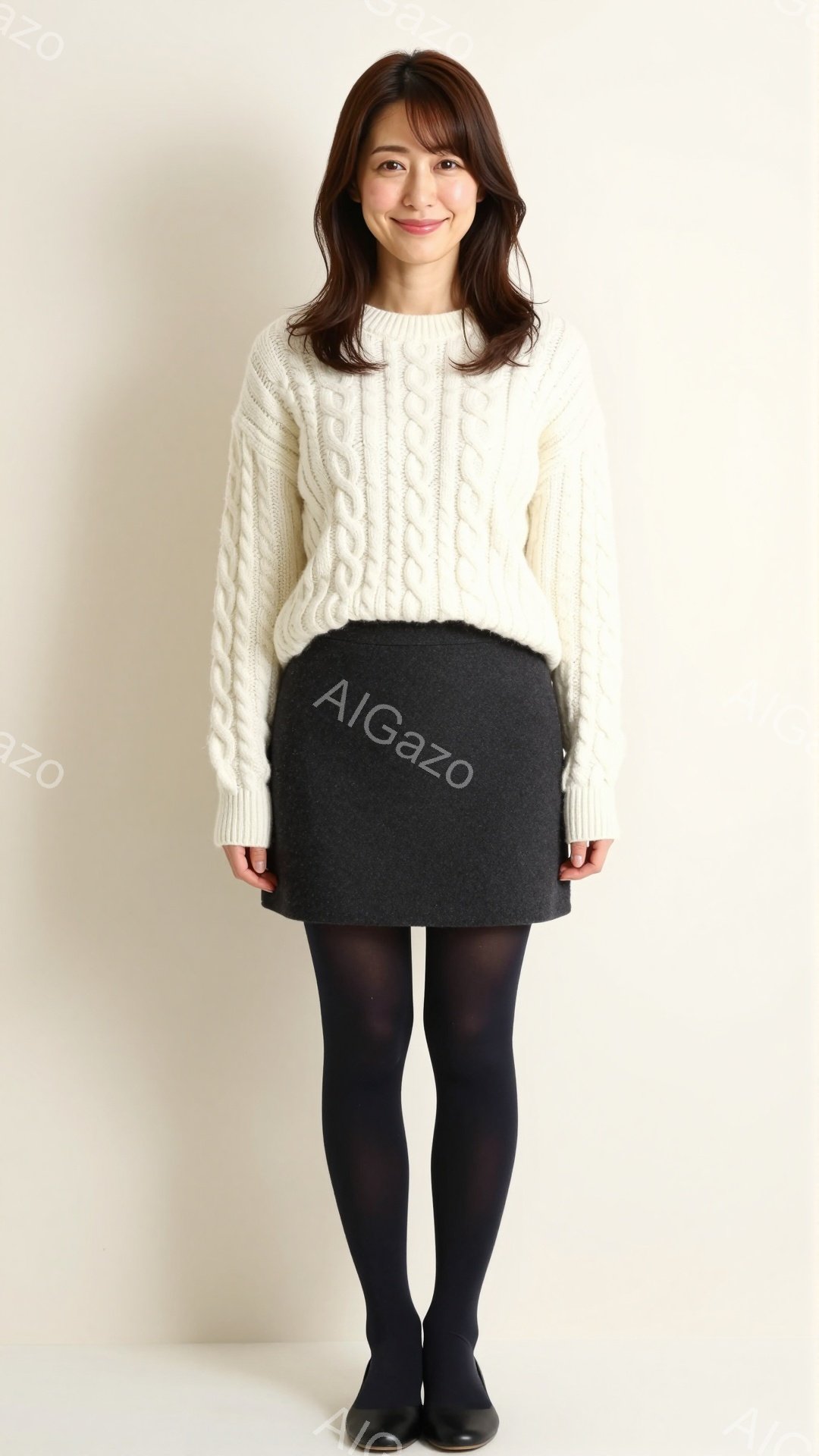 画像には、ベージュ色のケーブルニットセーターと濃いグレーのミニスカートを着用した女性が写っています。彼女はストレートな黒髪で、控えめな笑顔を浮かべており、タイツと黒いパンプスを履いています。背景は白く、女性が中心に配置されており、全体的にシンプルで洗練された雰囲気です。