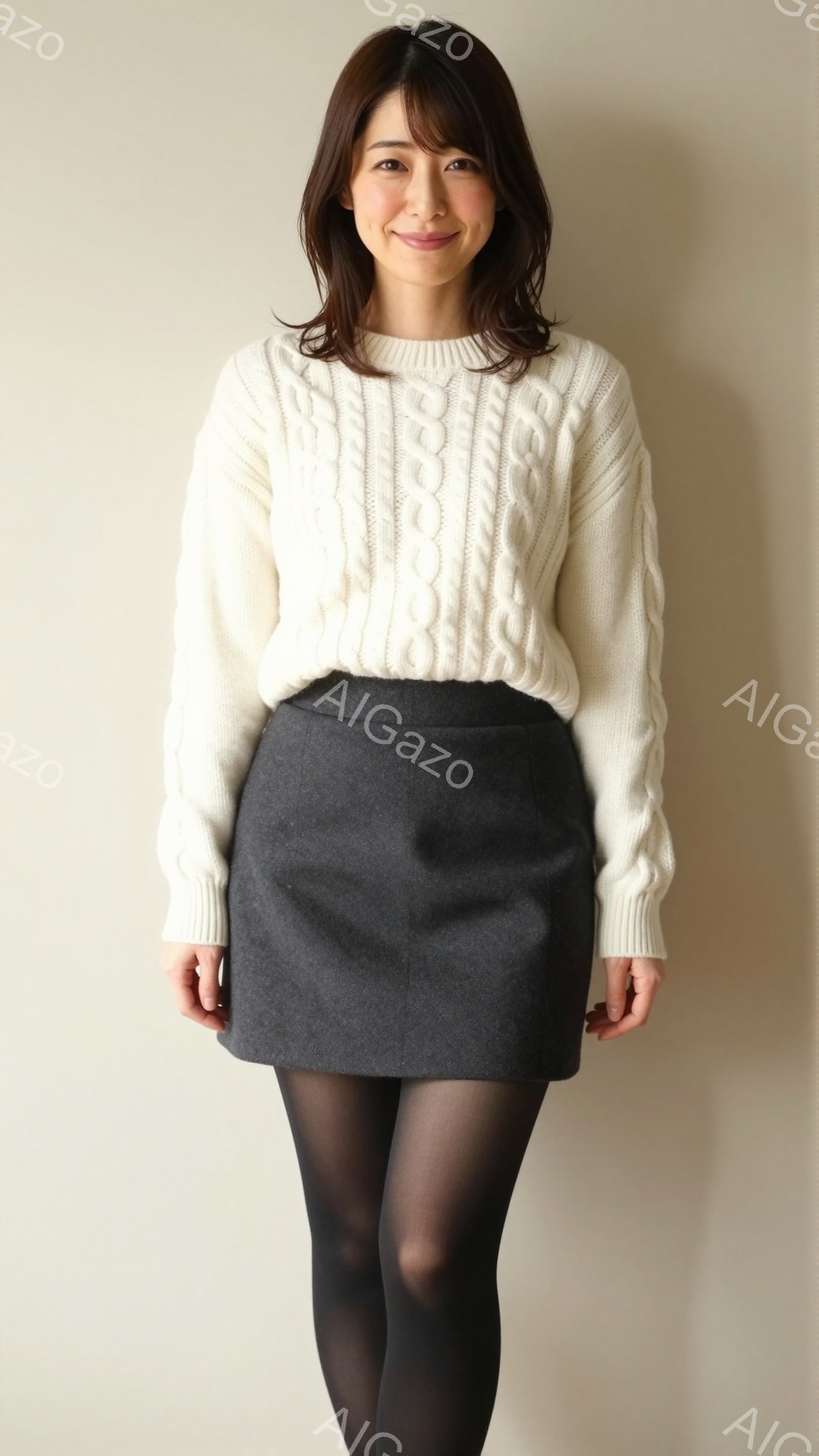 長い髪を軽くカールさせた女性が、オフホワイトのケーブルニットセーターと濃いグレーのミニスカート、黒いタイツを着用しています。彼女は微笑んでおり、リラックスした姿勢で正面を向いています。背景は薄いベージ - AI生成フリー素材