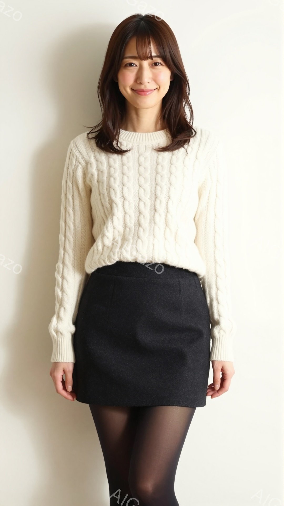 画像には、クリーム色のケーブルニットセーターと黒のミニスカートを身に着けた女性が写っています。彼女は肩までの中長髪で、前髪があり、穏やかな笑顔を浮かべています。背景は白く、女性が中心に配置されており、 - AI生成フリー素材