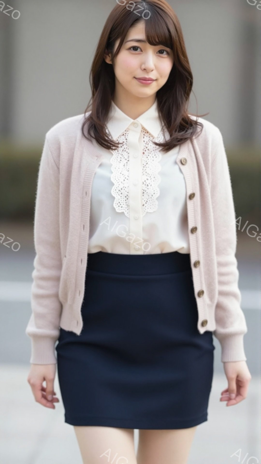 明るいピンク色のカーディガンに白いレース襟のブラウス、濃い紺色の膝丈スカートを身に着けた女性が写っている。彼女は少し微笑み、穏やかな表情でカメラを見つめている。背景はぼやけており、建物の一部とわずかな - AI生成フリー素材