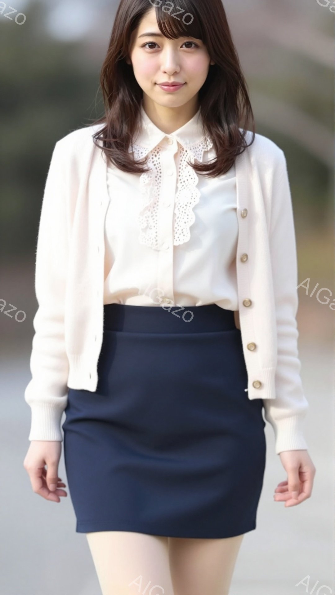 若い女性が、オフホワイトのカーディガン、レース襟のブラウス、紺色のタイトスカートを身につけて立っています。彼女は微笑んでおり、姿勢は自然で、わずかに左を向いています。背景はぼやけており、建物と木々が見 - AI生成フリー素材