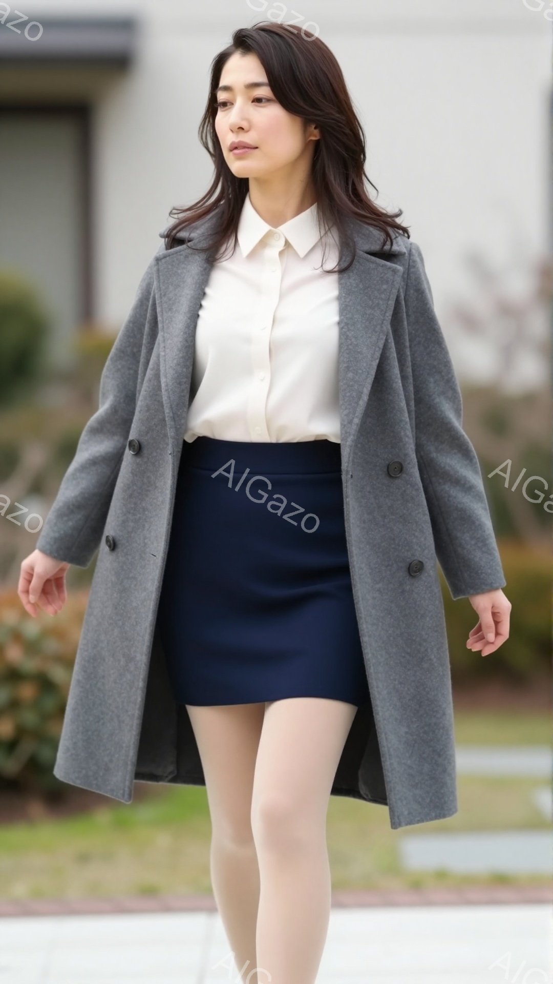 明るいベージュ色の髪を肩まで伸ばした女性が、グレーのコート、白いシャツ、濃い青色のタイトスカートを着用し、歩いている様子が写っている。彼女は少し微笑み、リラックスした表情で、自信に満ちた姿勢で前を見つめている。背景には緑の芝生と木々、そして穏やかな天候が広がっており、洗練された都会的な雰囲気を醸し出している。