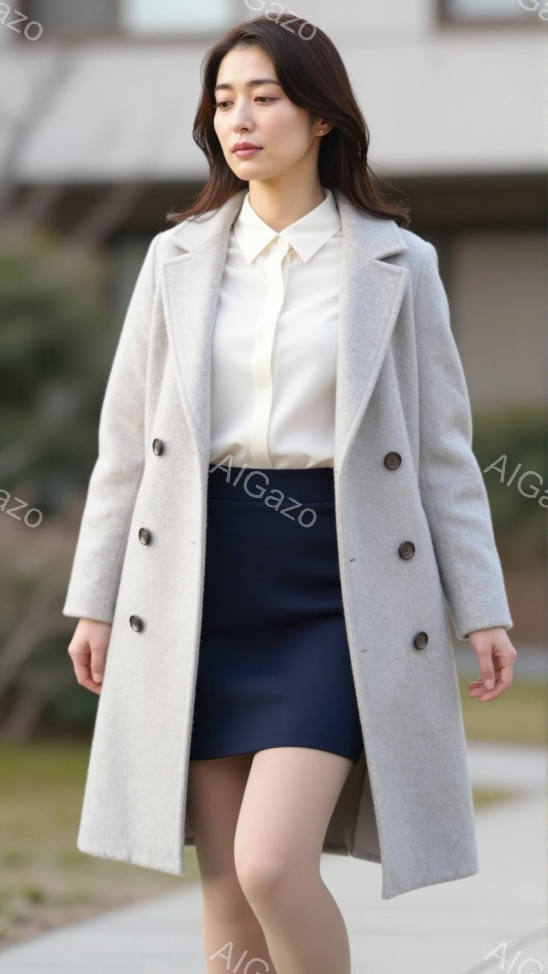 若い女性が、灰色のロングコート、白いシャツ、濃い青色のミニスカートを身に着けて立っている。彼女は長い黒髪を肩にかかっており、落ち着いた表情で、わずかに微笑んでいるように見える。背景には建物と少しの緑が - AI生成フリー素材