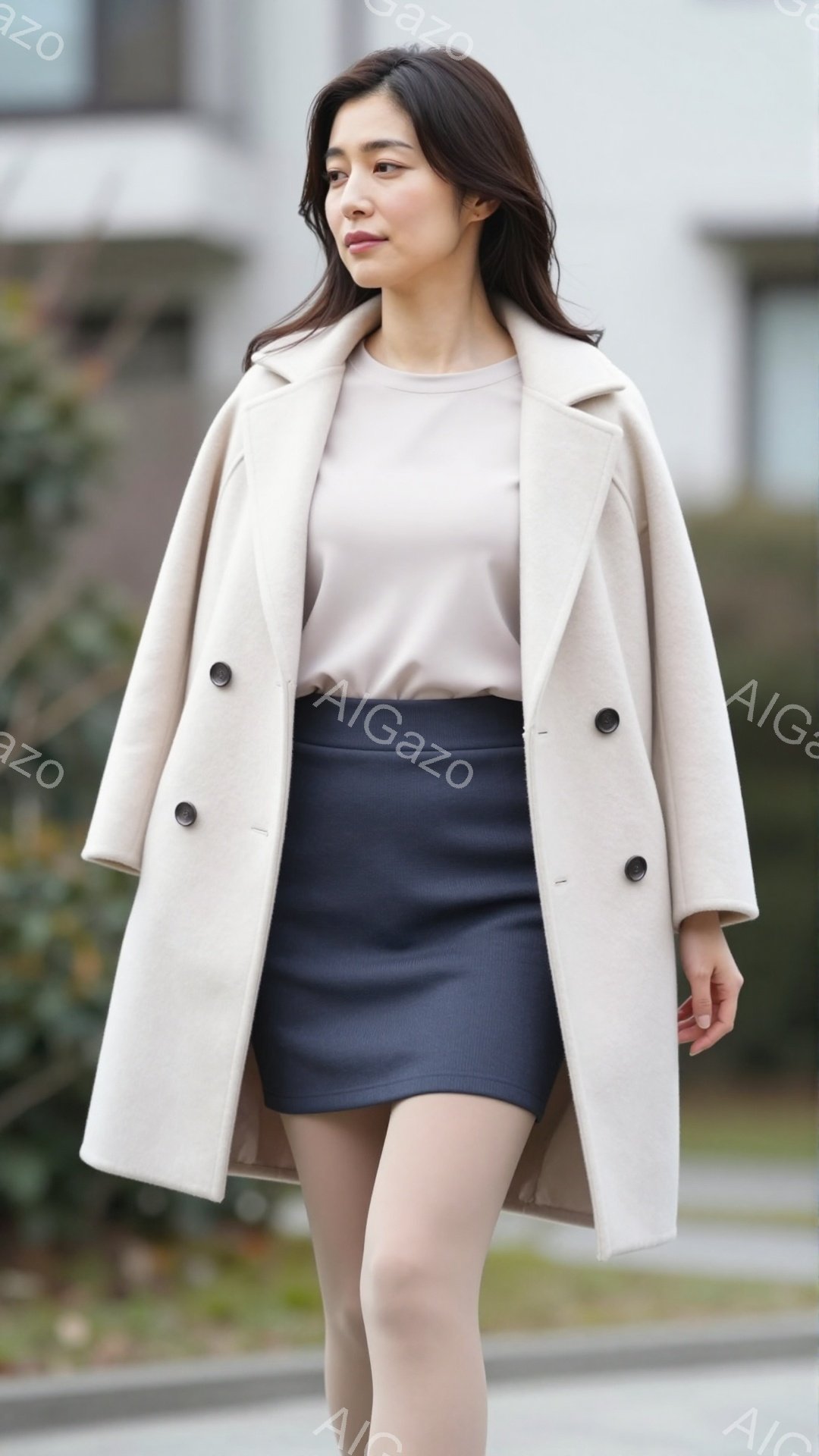 ベージュのコートを羽織り、ネイビーのミニスカートを履いた女性が写っています。彼女は少し微笑み、リラックスした表情で歩いています。背景には建物や植物が見え、晴れた日の穏やかな雰囲気が感じられます。 - AI生成フリー素材