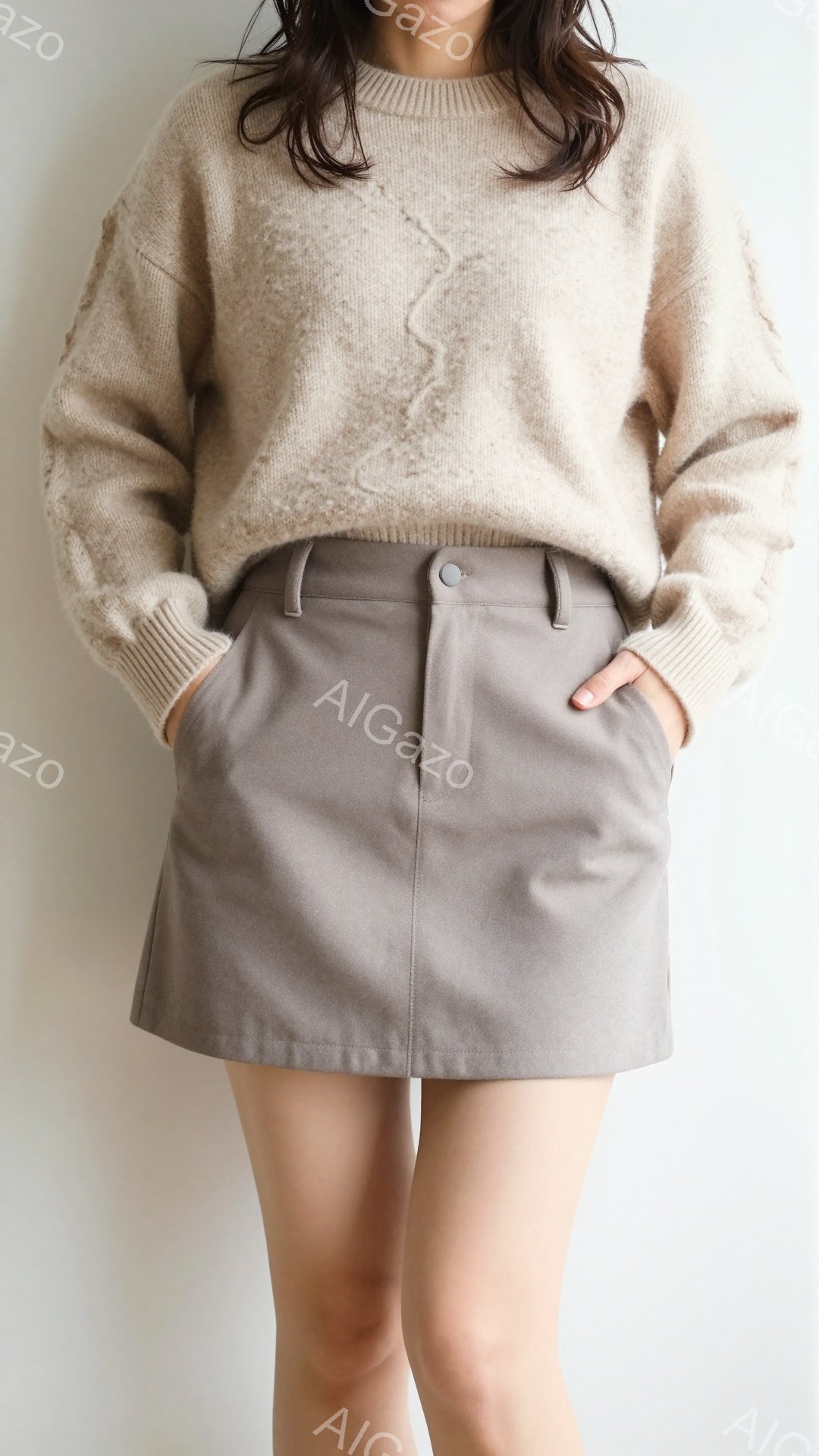 モデルはベージュのざっくりとしたニットセーターと、明るい茶色のショートパンツを着用しています。彼女は両手をポケットに入れ、リラックスした姿勢で立っており、髪は肩にかかる長さで自然なスタイルです。背景は - AI生成フリー素材