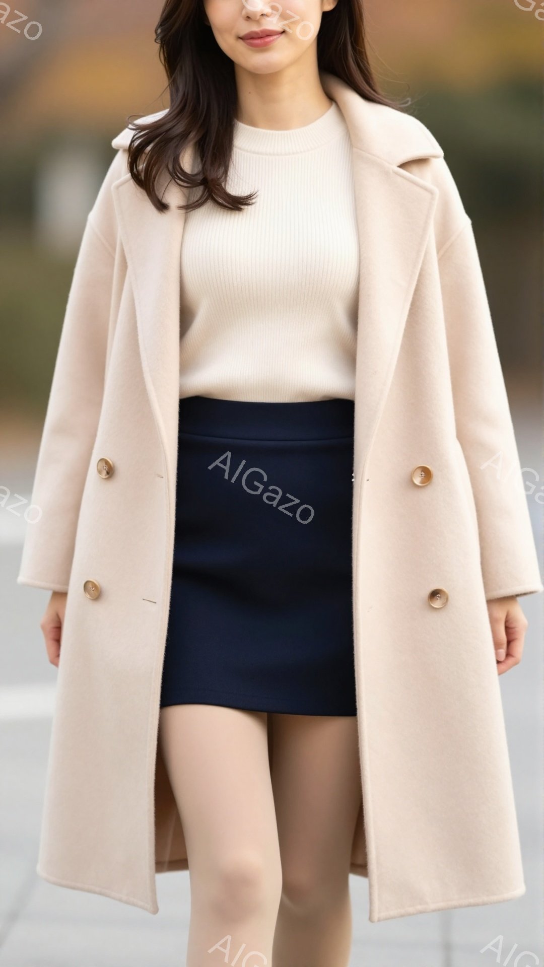 ベージュのロングコートを羽織った女性が立っている。彼女はクリーム色のニットと濃い紺色のミニスカートを着用し、控えめな微笑みを浮かべている。背景にはぼやけた建物と舗装された道が見え、秋または冬の穏やかな日中の様子が伺える。