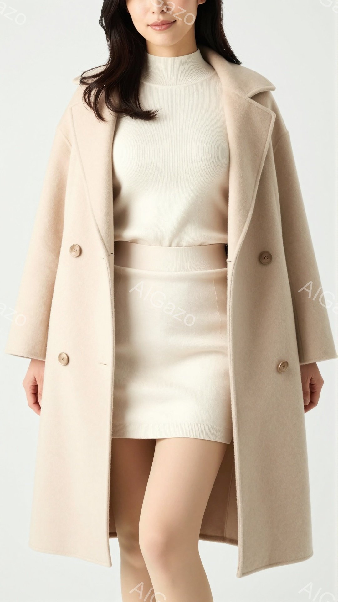 ベージュのロングコートを着た女性が写っています。彼女はクリーム色のニットのトップスとミニスカートを合わせ、髪は肩まで伸ばしてストレートにしています。表情は穏やかで、姿勢はまっすぐで、全体的に上品で洗練 - AI生成フリー素材
