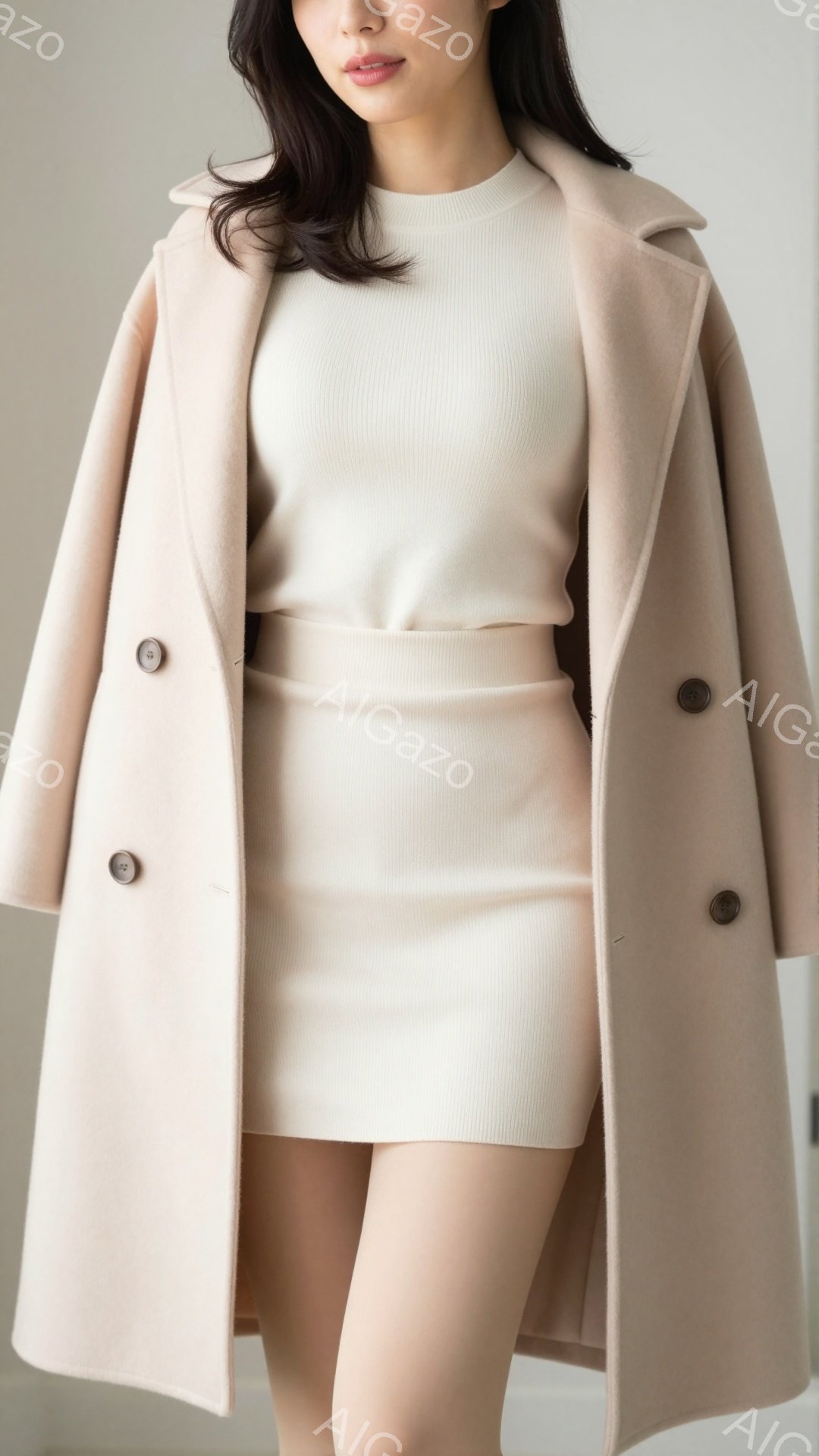 モデルは、ベージュのニットのセットアップと、丈の長いキャメル色のコートを着ています。彼女はストレートな黒髪で、穏やかな表情をしています。背景は白く、シンプルで、モデルの服装が際立っています。