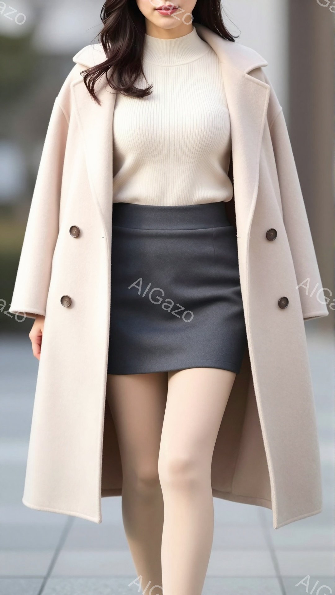 長いベージュ色のコートを羽織った女性が写っています。クリーム色のタートルネックセーターと黒のタイトスカート、そしてベージュ色のストッキングを履いています。背景はぼやけており、石畳の道と建物の一部が見え - AI生成フリー素材