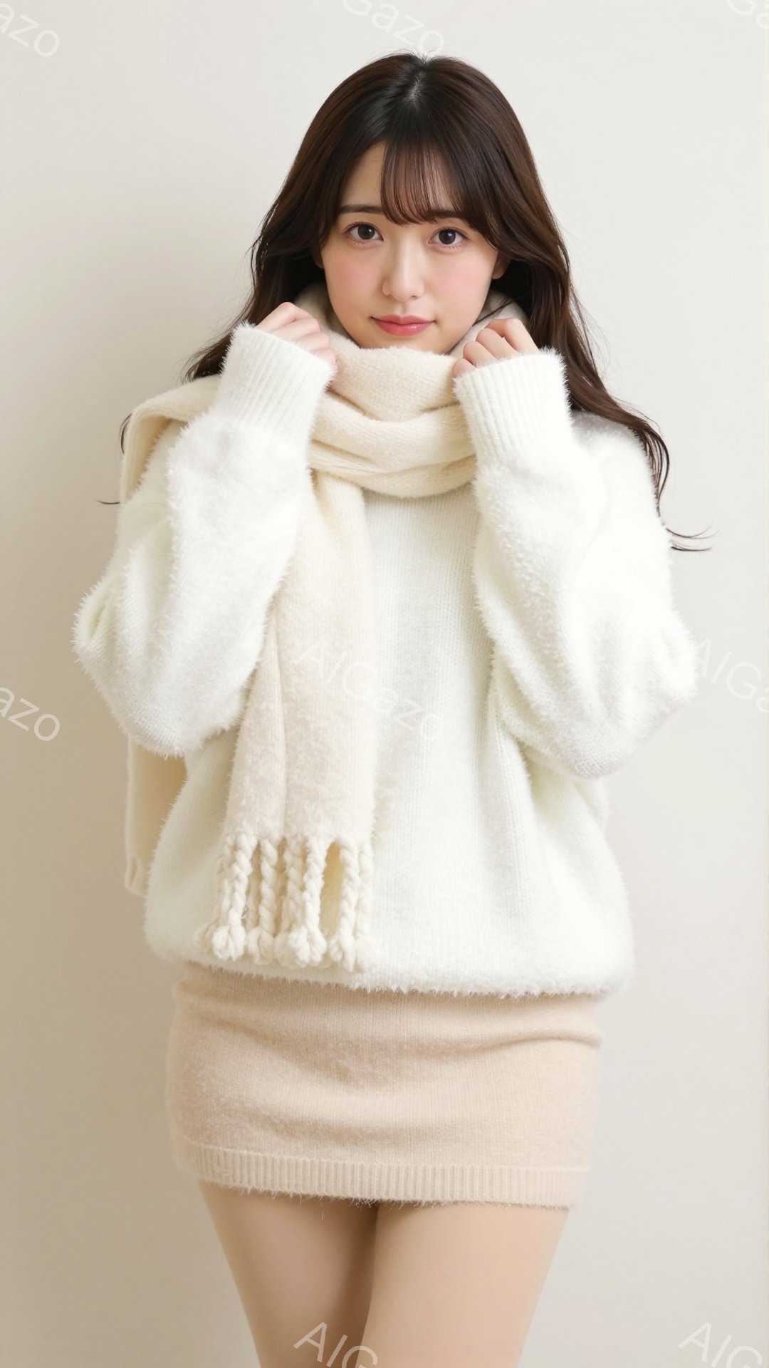 明るいベージュ色のふわふわしたセーターとミニスカートを身に着けた若い女性が写っています。彼女は長い茶色の髪を耳にかけると、首元でスカーフを両手で軽く抱えています。背景は淡いクリーム色で、全体的に柔らかく温かい雰囲気です。