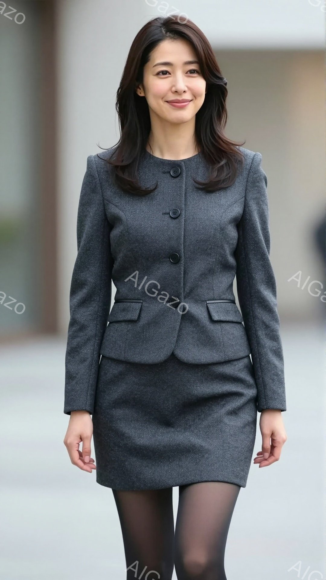 灰色のツイードのスーツを着た女性が写っています。髪は肩にかかる長さで、軽くウェーブがかかっています。彼女は微笑んでおり、姿勢は優雅で、フォーマルな雰囲気です。