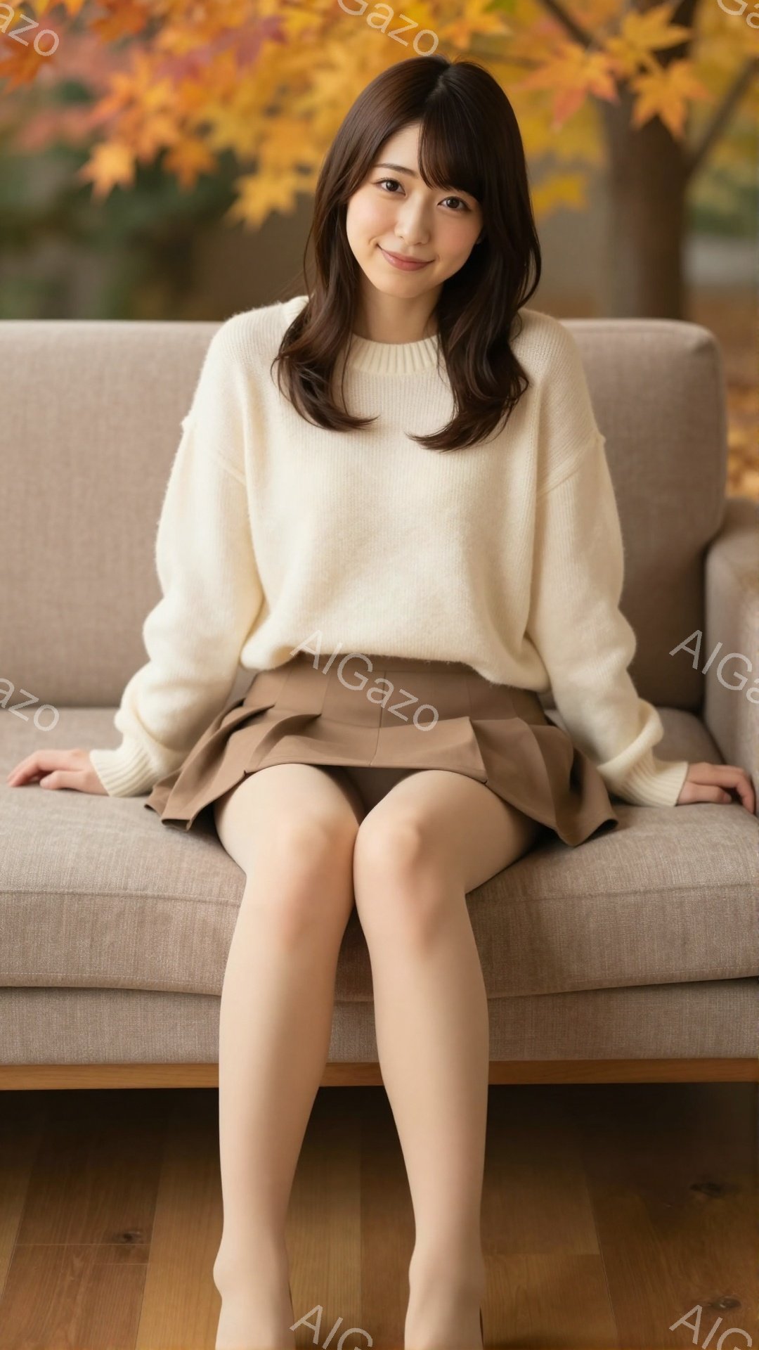 明るい茶色のソファに座っている若い女性が写っています。オフホワイトのセーターと茶色のミニスカートを着用し、膝を揃えて座っています。背景にはぼやけた木々と暖色系の葉が見え、全体的に穏やかで温かい雰囲気が漂っています。