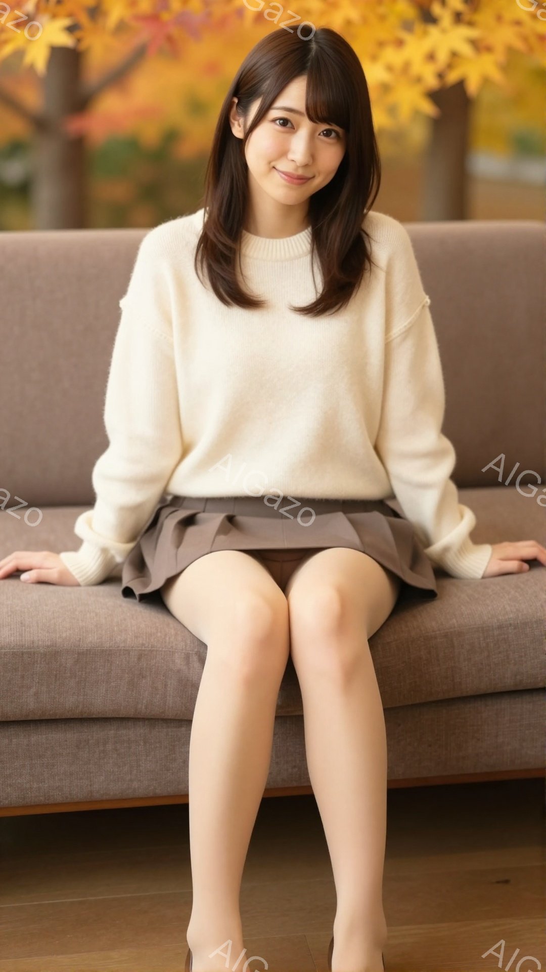 明るい茶色のソファに座る若い女性が写っています。クリーム色のセーターと、膝丈のダークブラウンのスカートを着用し、穏やかな微笑みを浮かべています。背景にはぼやけた木々と黄色い葉が見え、秋の暖かく穏やかな雰囲気を醸し出しています。