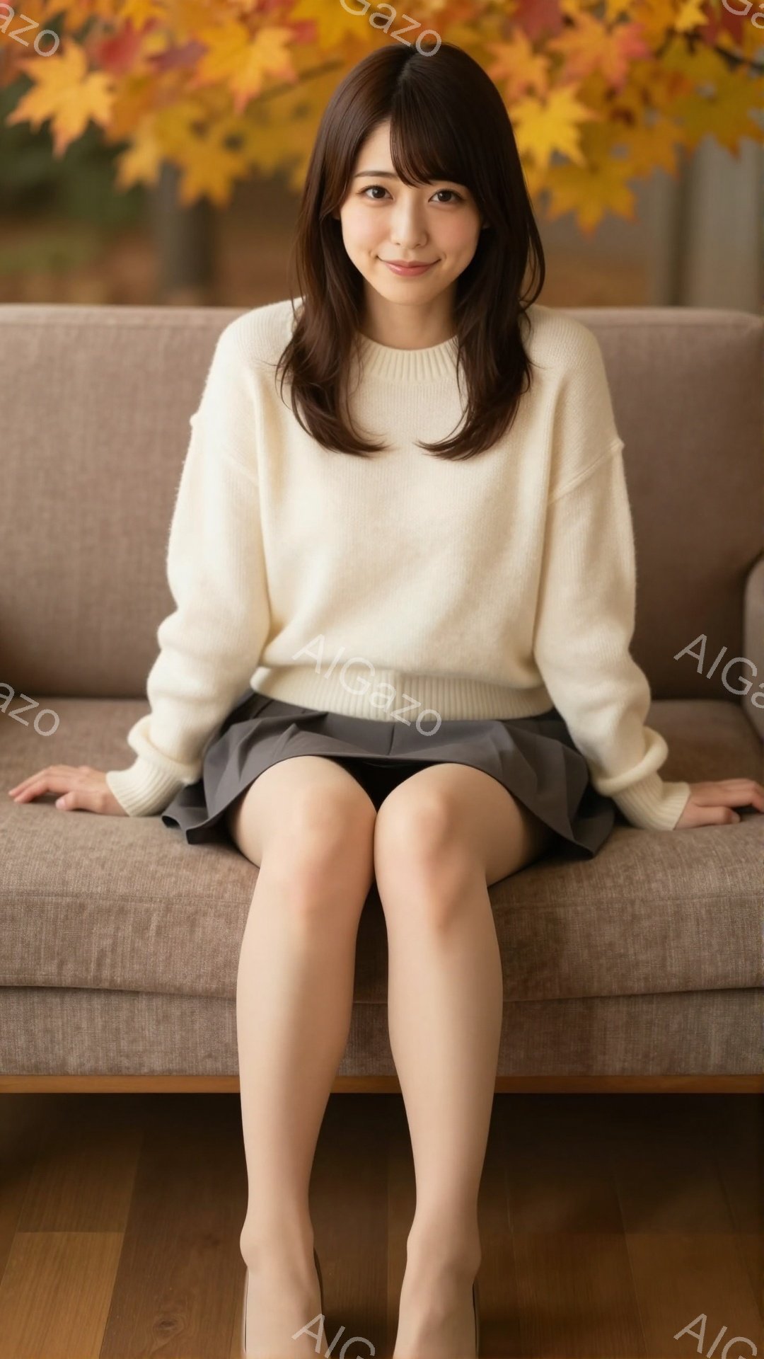 長い茶色の髪を肩にかかったゆるいウェーブスタイルで、白いセーターとグレーの短いプリーツスカートを身に着けた若い女性が写っている。彼女はソファに座っており、両膝を揃えて、穏やかな微笑みを浮かべている。背景には木製の床と、ぼやけた黄色の葉が見え、温かく穏やかな雰囲気を醸し出している。
