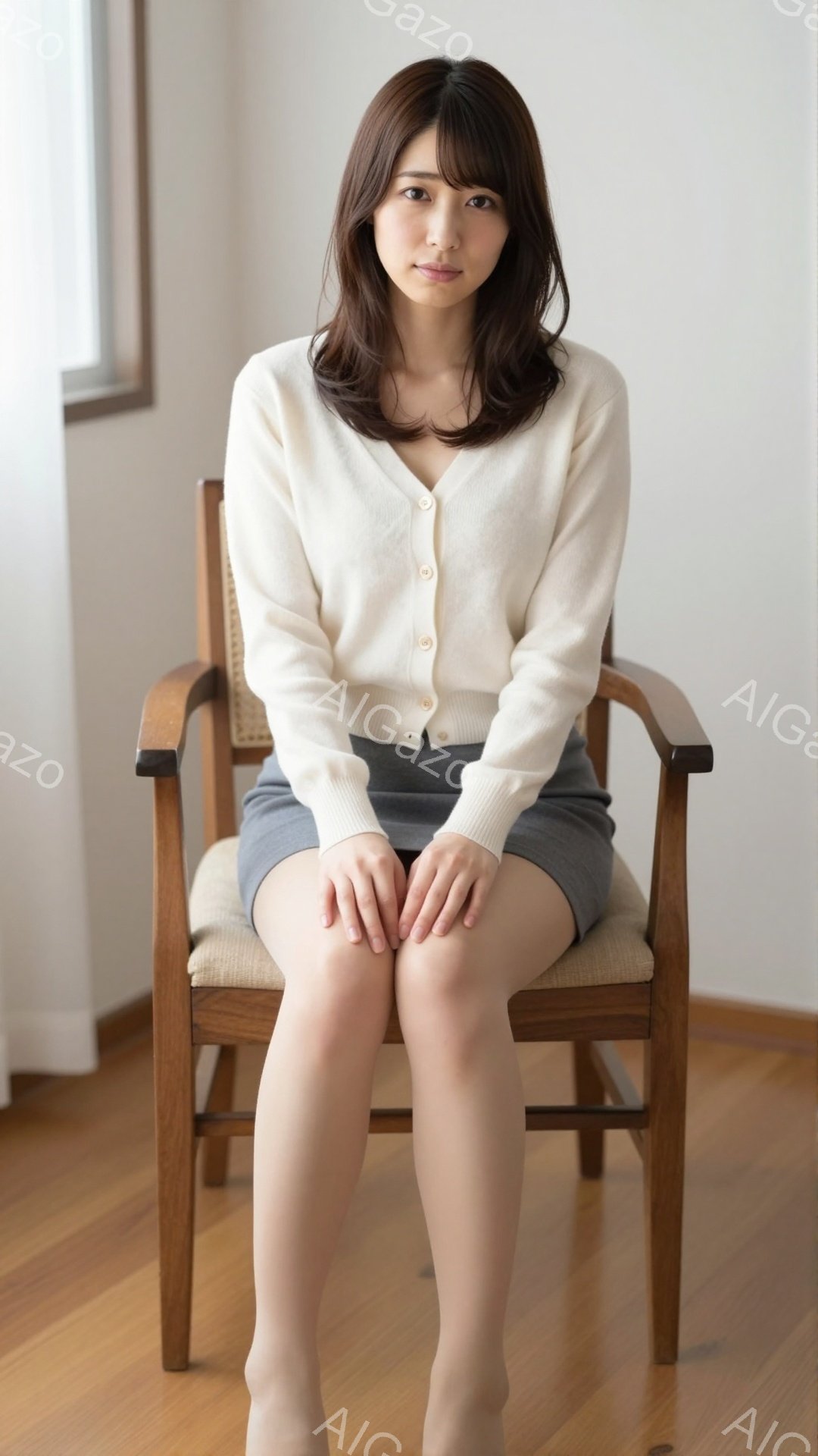 長いダークブラウンの髪を肩にかける女性が、ベージュのカーディガンとグレーの膝丈スカートを身に着けて椅子に座っています。彼女は膝を揃えて座り、穏やかな微笑みを浮かべています。背景は薄い壁と木製の床で、全体的に落ち着いた雰囲気です。