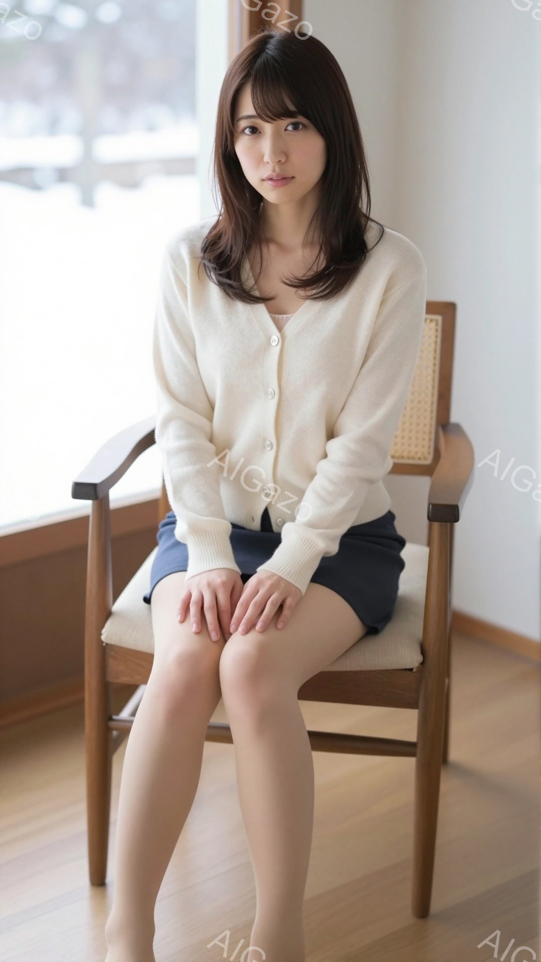 長いダークブラウンの髪を肩のあたりで切りそろえた女性が、木製の椅子に座っています。オフホワイトのカーディガンと紺色のスカートを身につけ、膝を揃えて座っており、表情は穏やかで少し微笑んでいるように見えま - AI生成フリー素材