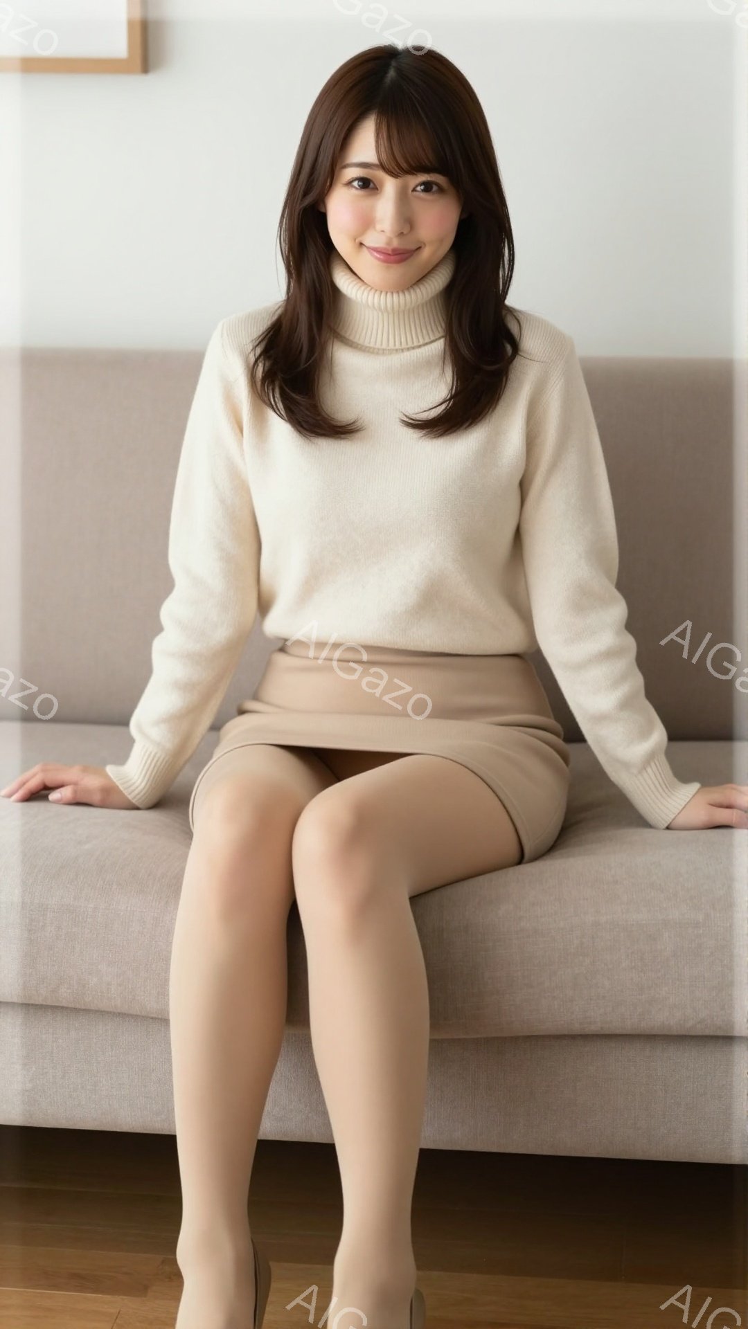 明るい茶色のソファに座る女性が写っています。彼女はベージュのタートルネックセーターと膝丈のスカートを着用し、ストッキングを履いています。微笑みを浮かべ、リラックスした姿勢で、落ち着いた雰囲気の部屋にい - AI生成フリー素材