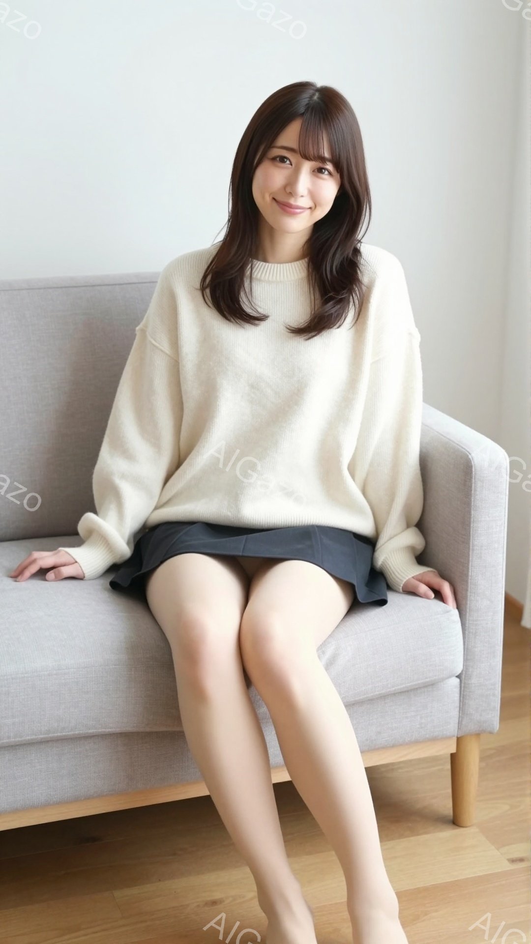 長い茶色の髪を肩のあたりで流した女性が、薄いベージュのセーターと黒いミニスカートを着用し、薄い色のソファーに座っています。彼女は穏やかな笑顔を浮かべ、リラックスした雰囲気です。背景は明るい木製の床と白 - AI生成フリー素材