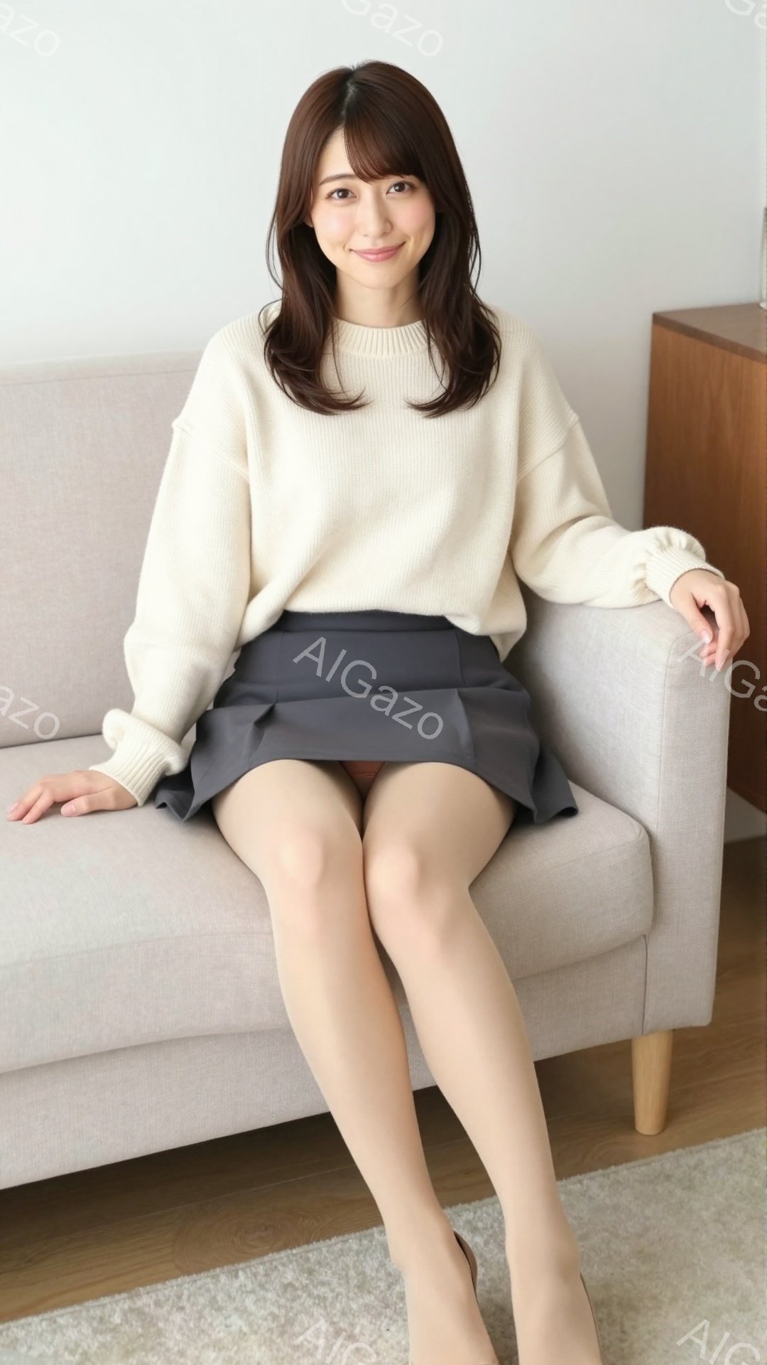 彼女はベージュのセーターとグレーのスカートを着用し、ベージュ色のタイツとヒールを履いています。彼女はソファに座っており、両膝を揃えて少し前かがみになり、微笑んでいます。背景は明るいリビングルームで、木 - AI生成フリー素材