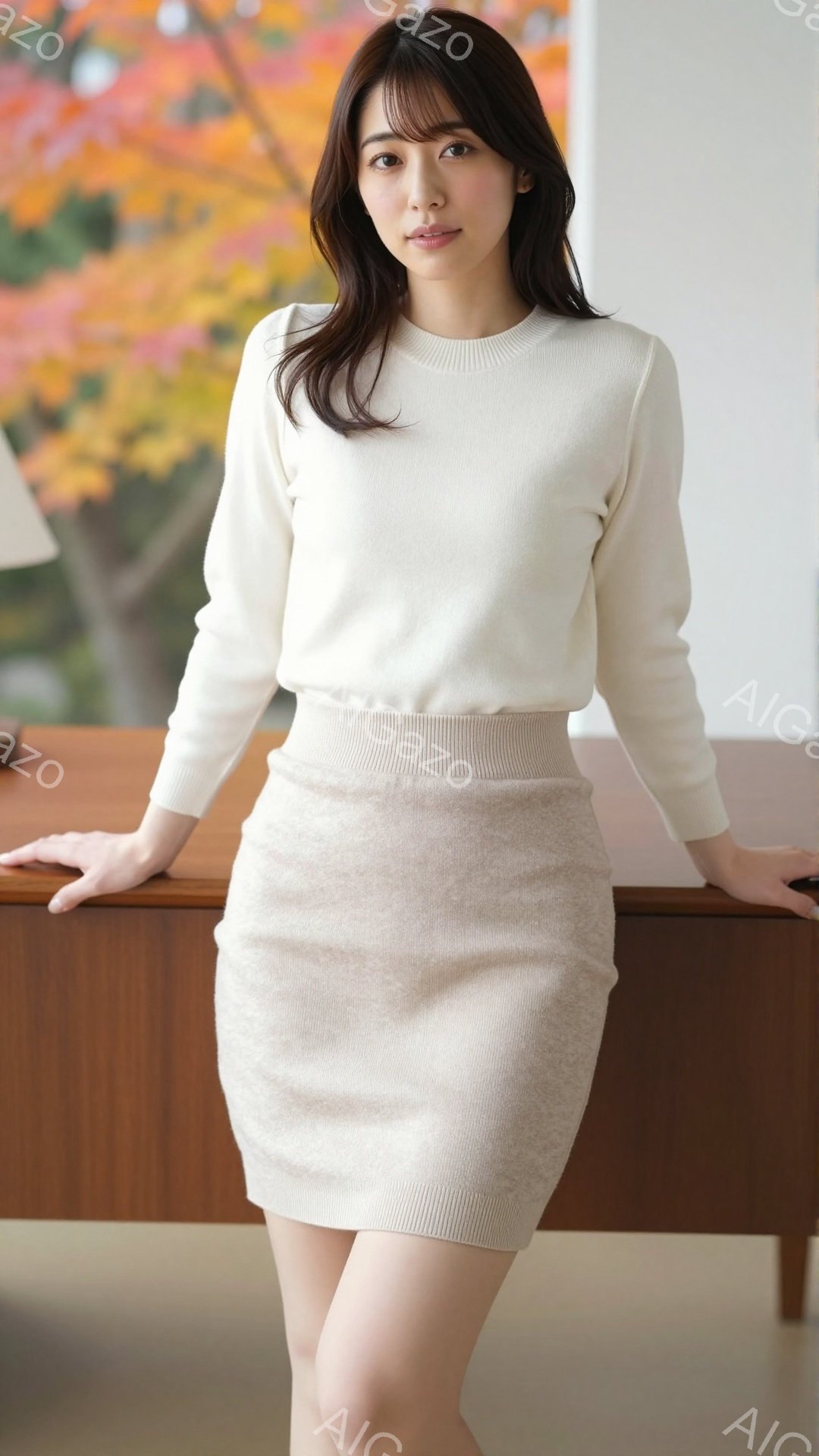 明るい茶色の木製のテーブルにもたれかかり、ベージュのニットセーターとスカートを身につけた女性が写っている。彼女は長い黒髪で、穏やかな笑顔を浮かべている。背景にはぼやけたオレンジと黄色の木々が見え、暖かく穏やかな雰囲気を醸し出している。