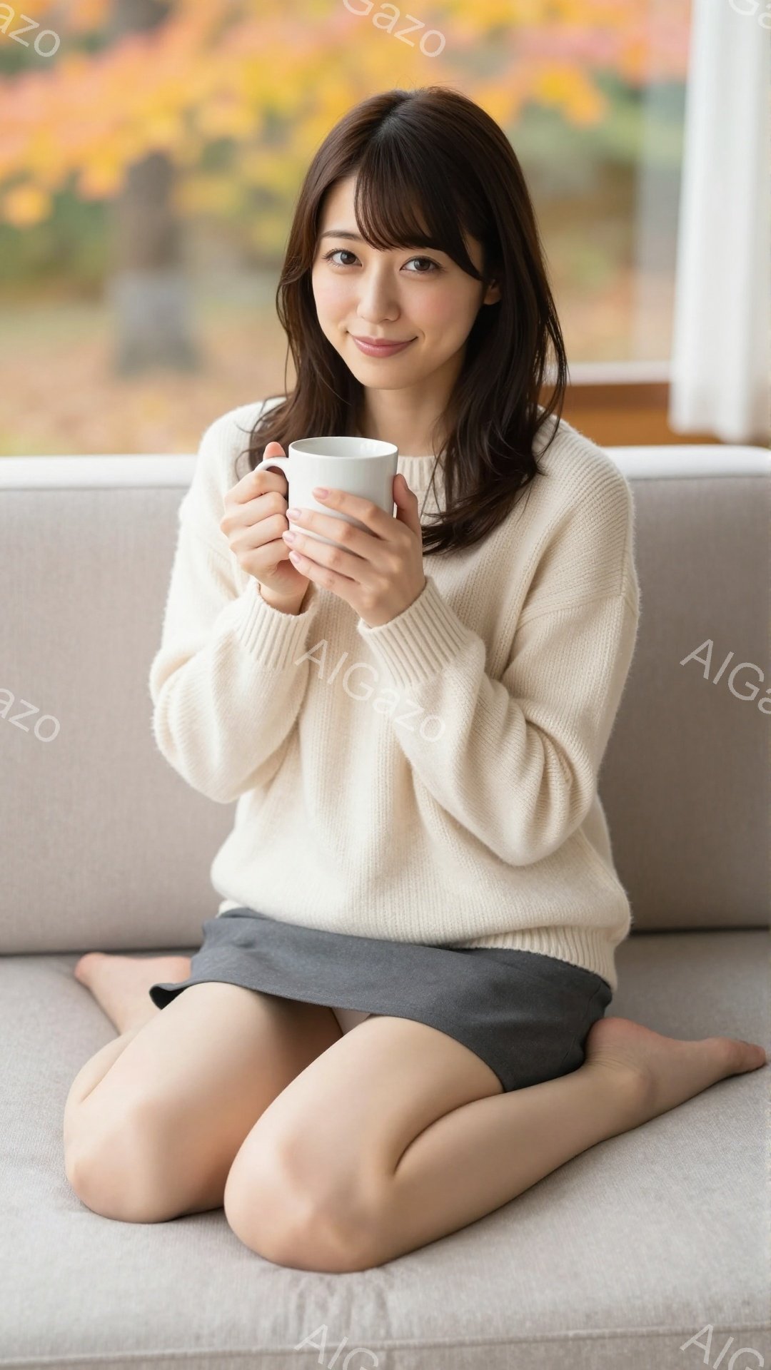 明るい表情の若い女性が、クリーム色のセーターとグレーのスカートを身に着けて、床に座ってコーヒーカップを両手で抱えています。彼女は柔らかな微笑みを浮かべ、足はむき出しです。窓の外には鮮やかな紅葉が見え、室内は温かく落ち着いた雰囲気です。