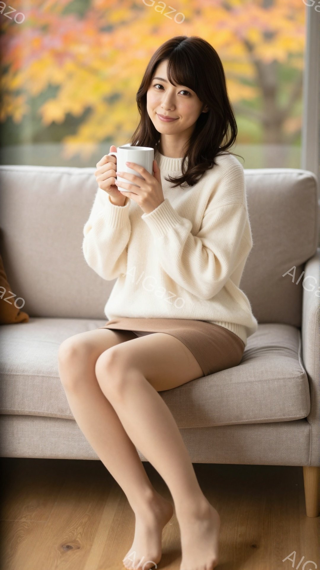 明るいリビングで、女性がベージュのニットとスカートを身につけ、両手に白いマグカップを持っています。彼女は足を組んでソファに座り、優雅な微笑みを浮かべています。背景には、秋の紅葉が美しい庭園が見え、暖かく穏やかな雰囲気が漂っています。