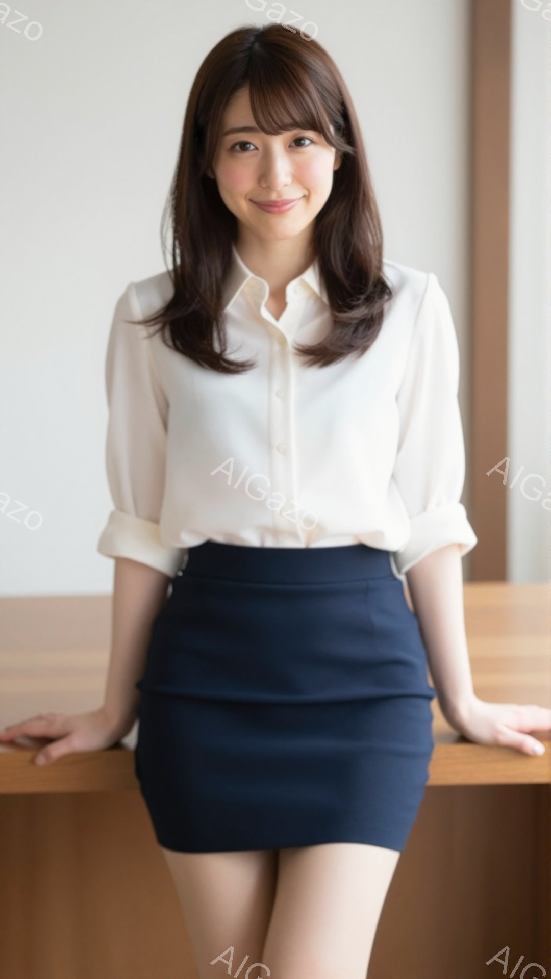 明るい茶色の長い髪が肩にかかる女性が、白いブラウスと濃紺のタイトスカートを身に着けている。彼女はわずかに微笑み、リラックスしたポーズで机に手を置いている。背景は明るい木製の壁で、全体的に清潔で明るい雰囲気である。