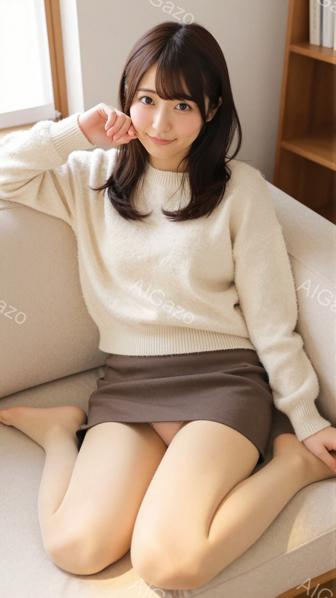 明るいリビングで、茶髪の女性がベージュのセーターとブラウンのスカートを着用し、脚を組んで座っています。彼女は微笑んでおり、片手を顎に当ててリラックスした表情をしています。背景には棚があり、部屋全体が柔らかく温かい雰囲気です。