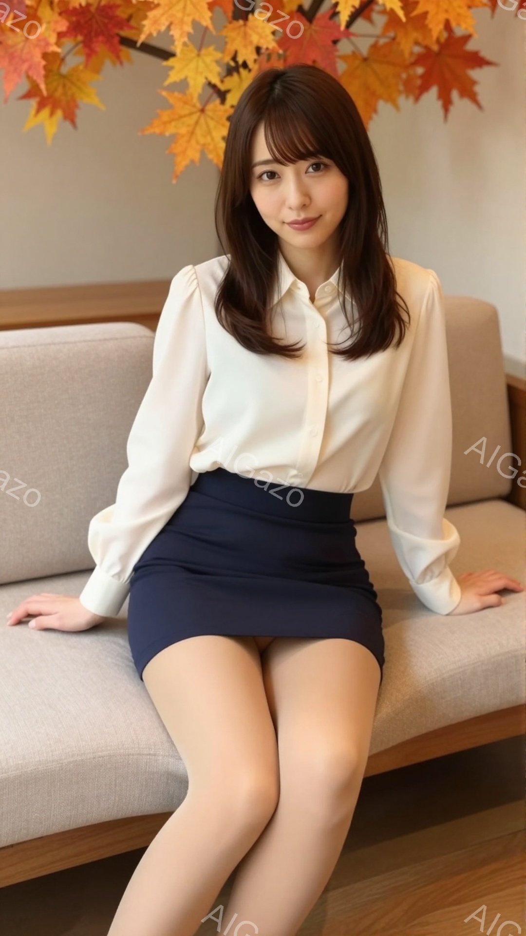彼女は白いブラウスと紺色のタイトスカートを身に着けて、ベージュ色のソファに座っています。肩までの長さの茶髪は軽くカールしており、笑顔でカメラを見ています。背景には、紅葉した葉が飾られており、穏やかで上品な雰囲気が漂っています。