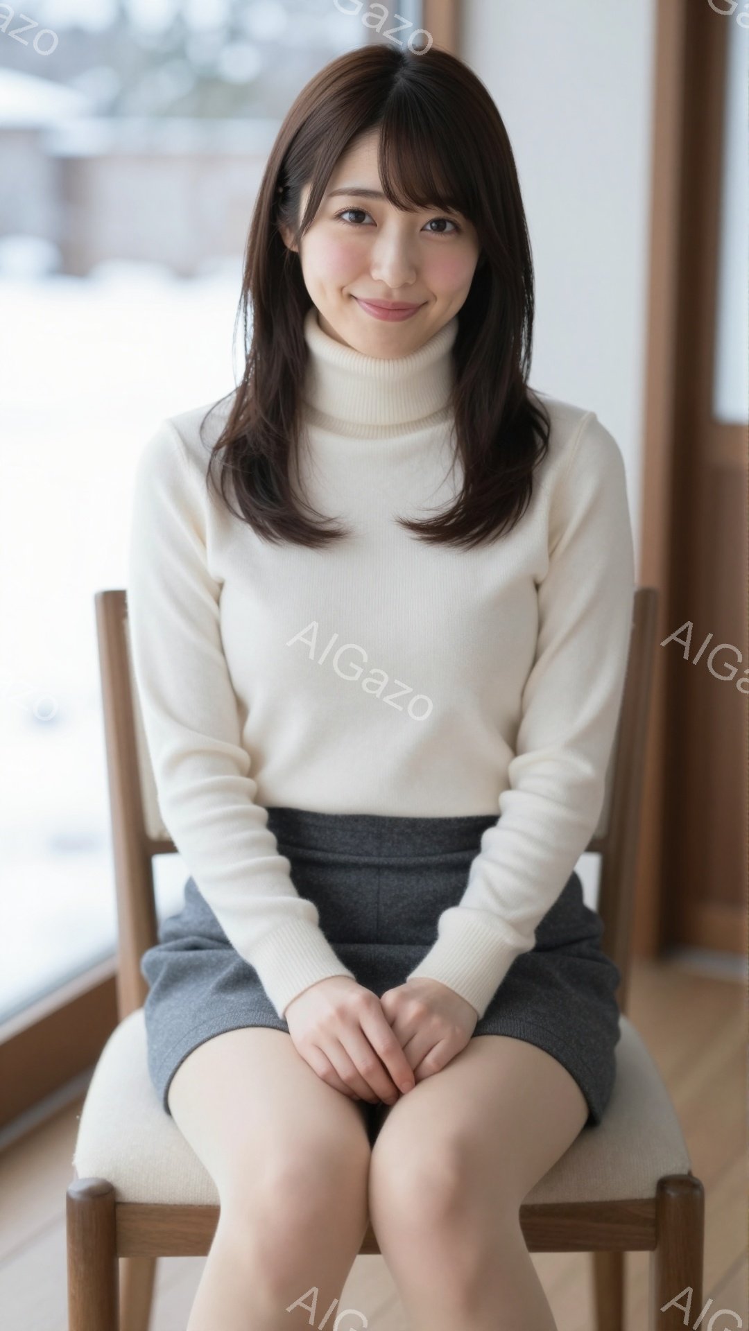 明るい色のタートルネックセーターとグレーのプリーツスカートを身に着けた女性が、木製の椅子に座って正面を見つめている。彼女は微笑んでおり、髪は肩にかかる長さで、前髪が目にかかっている。背景には窓があり、 - AI生成フリー素材