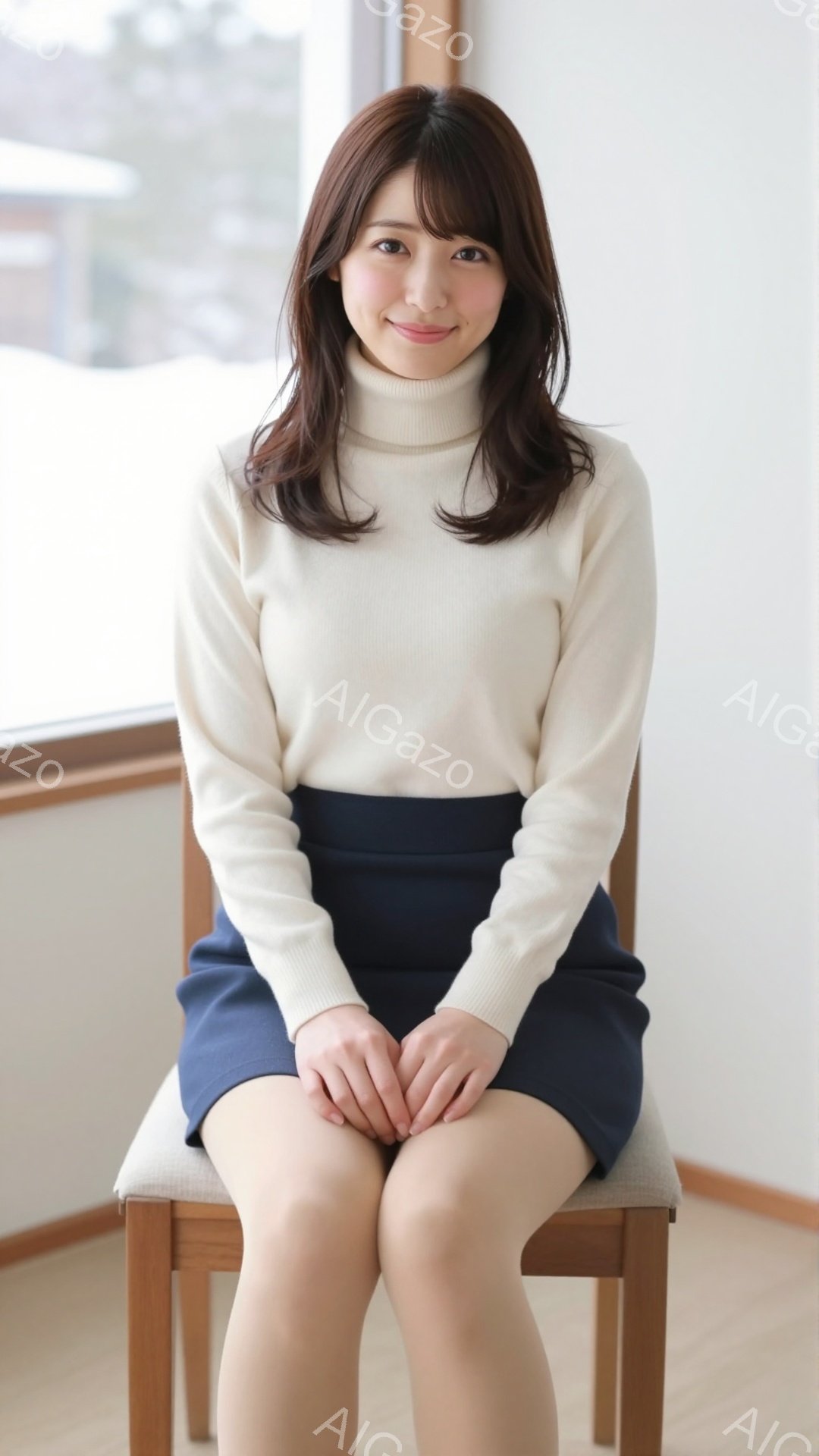 明るいベージュのタートルネックセーターと紺色のタイトスカートを身に着けた女性が、木の椅子に座ってこちらを見て微笑んでいます。彼女は肩までの長さの茶色い髪をしており、穏やかで柔らかな表情を浮かべています - AI生成フリー素材
