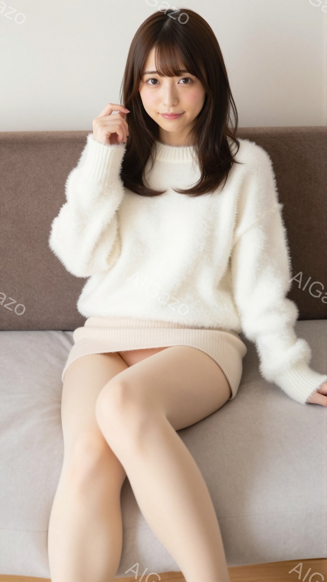 長い茶色の髪を肩のあたりで切りそろえた女性が、ふわふわした白いセーターと短いスカートを身に着けて座っています。彼女は膝を揃えて座り、片手を膝の上に置き、微笑んでいます。背景には、薄いグレーのソファと木 - AI生成フリー素材
