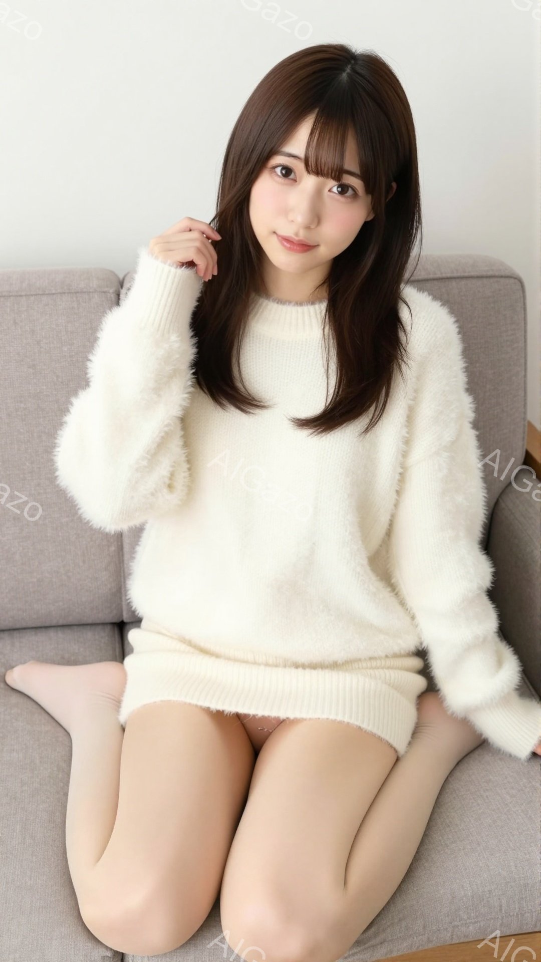 長い黒髪の女性が、オフホワイトの毛羽立ったセーターを着て、グレーのソファに座っています。彼女は足を組んで座り、少し微笑んでカメラを見ています。背景はシンプルな室内で、暖かく、居心地の良い雰囲気です。 - AI生成フリー素材