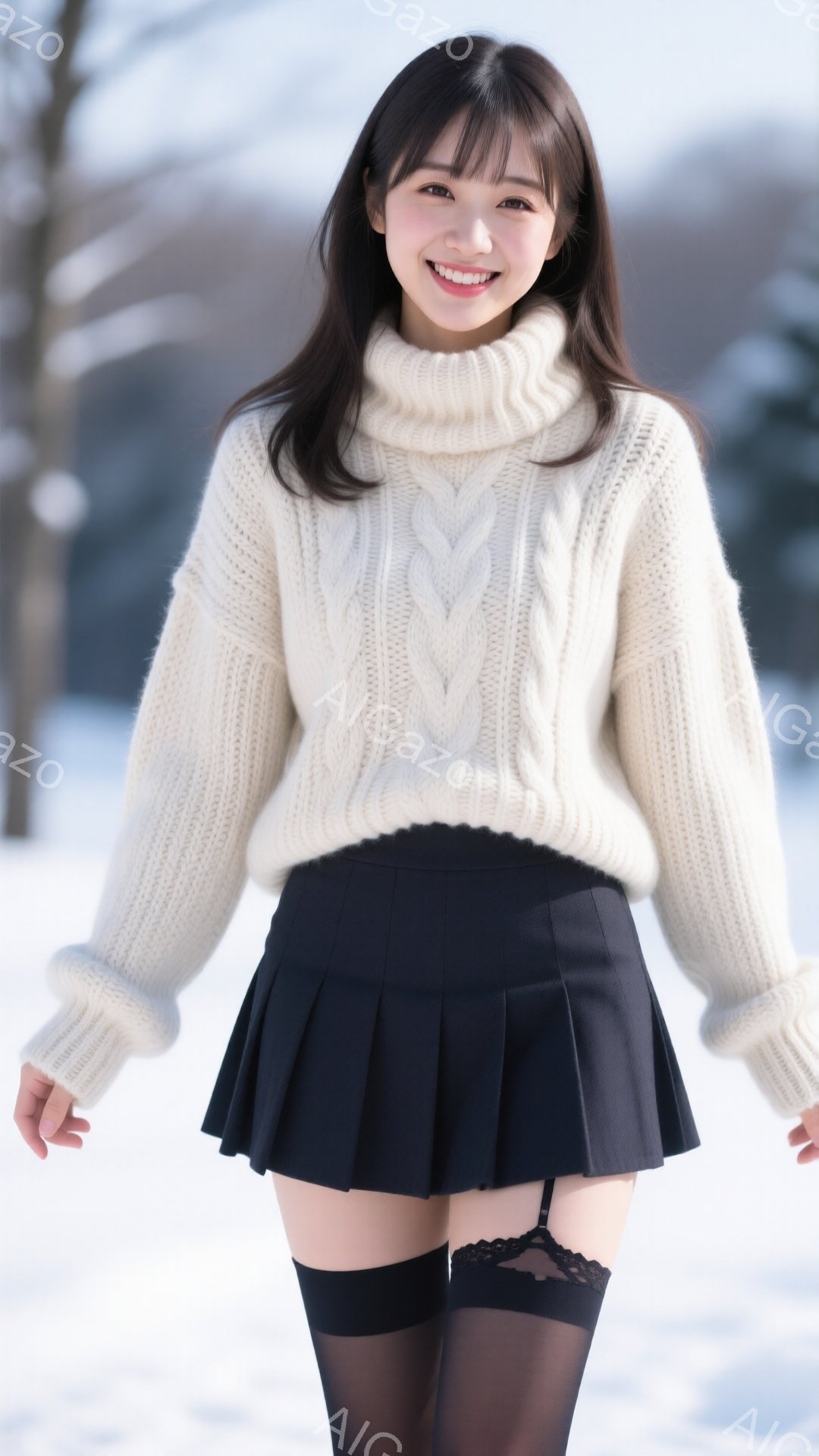 明るい笑顔の女性が、オフホワイトのケーブルニットセーターと黒のプリーツスカート、黒のタイツ、そして黒のガーターベルトを着用しています。彼女は少し微笑んでおり、髪は肩にかかる長さで、前髪が少し流れています。背景は雪景色で、ぼやけた木々と白い雪が広がっており、冬の静かで明るい雰囲気を醸し出しています。