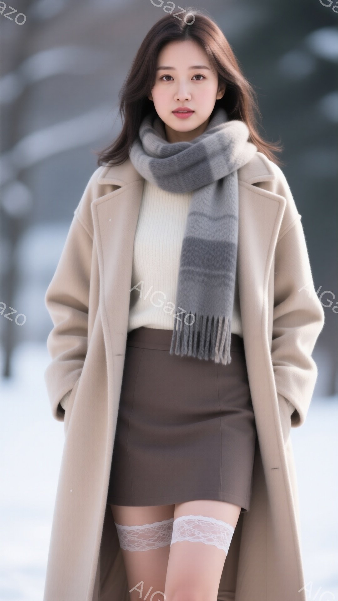 長い茶色の髪を肩にかけ、ベージュ色のコートと茶色のスカートを身につけた女性が写っています。グレーのチェック柄のマフラーが首に巻かれ、少し微笑んだ表情をしています。背景はぼやけていますが、雪景色がうかがえ、冬の穏やかな雰囲気を醸し出しています。