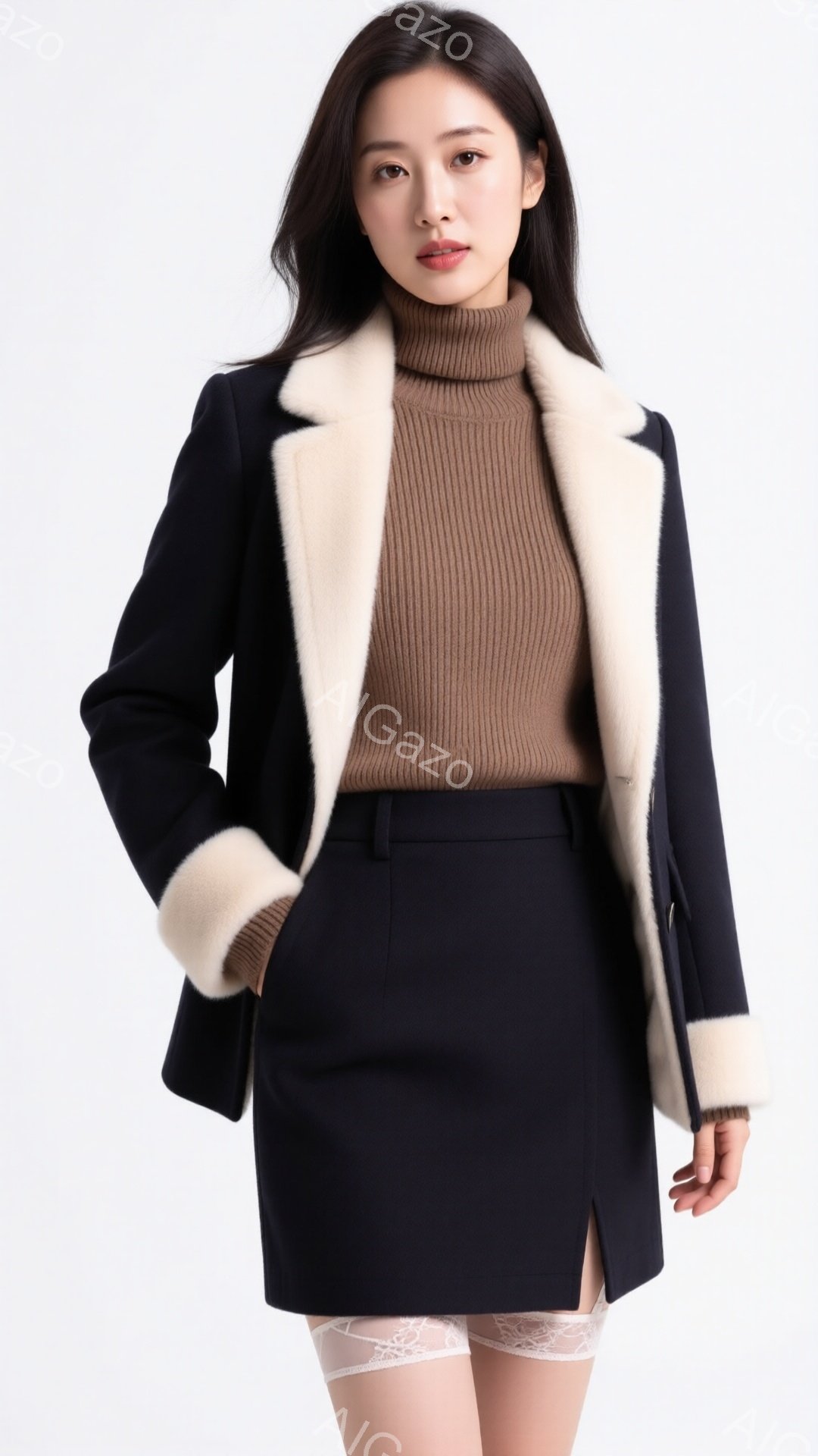 黒いオーバーサイズのファーカラーコートを着た若い女性が写っています。彼女はベージュのニットセーターと黒のペンシルスカートを合わせ、優雅な印象を与えています。背景は白く、モデルに焦点が当てられており、洗 - AI生成フリー素材