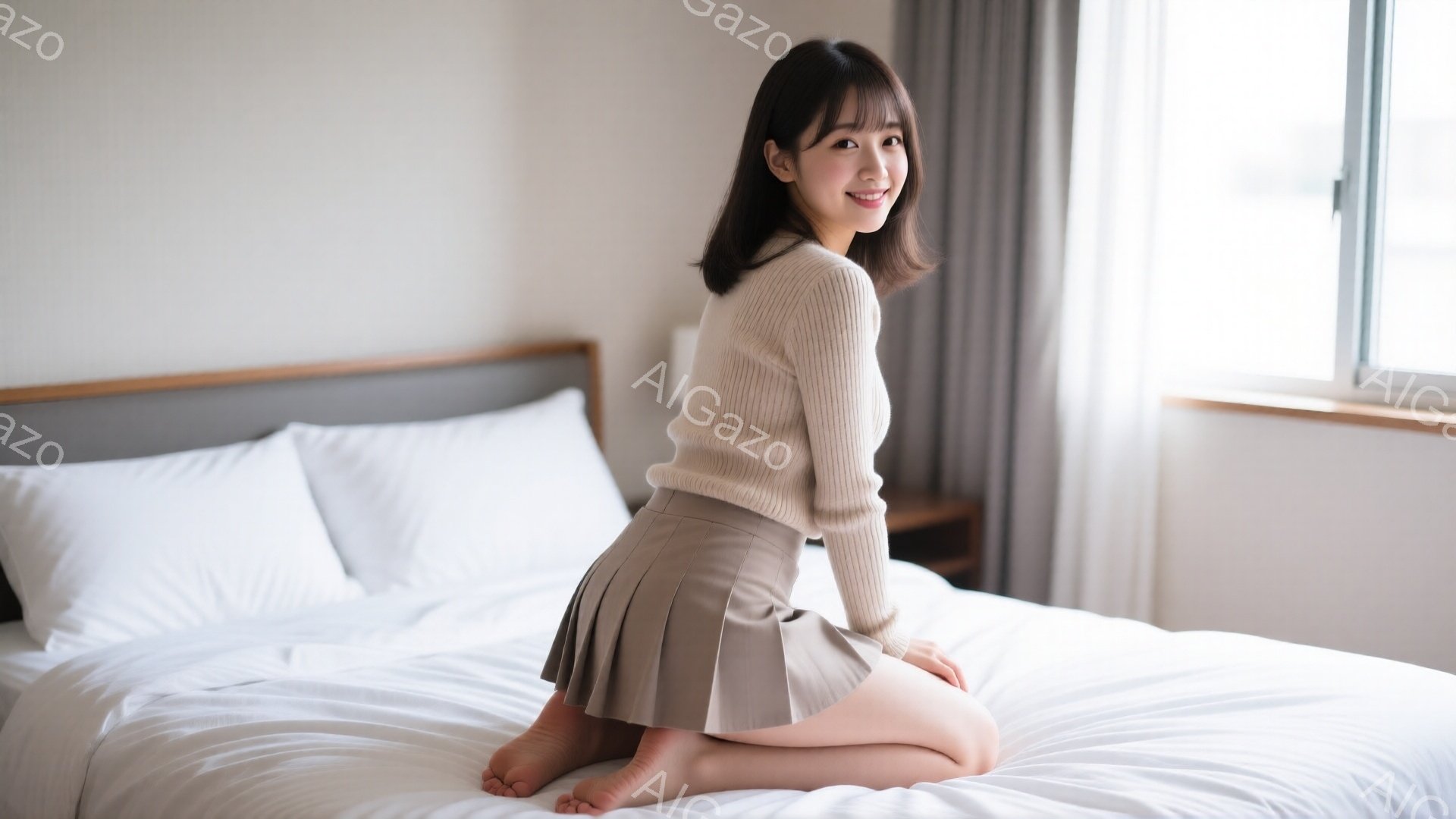 室内でベッドの上にひざまずいて座っている若い女性が写っています。ベージュのセーターとプリーツスカートを身につけ、少し微笑んでいます。背景には白い枕と木製のナイトスタンドがあり、窓から自然光が差し込んで - AI生成フリー素材